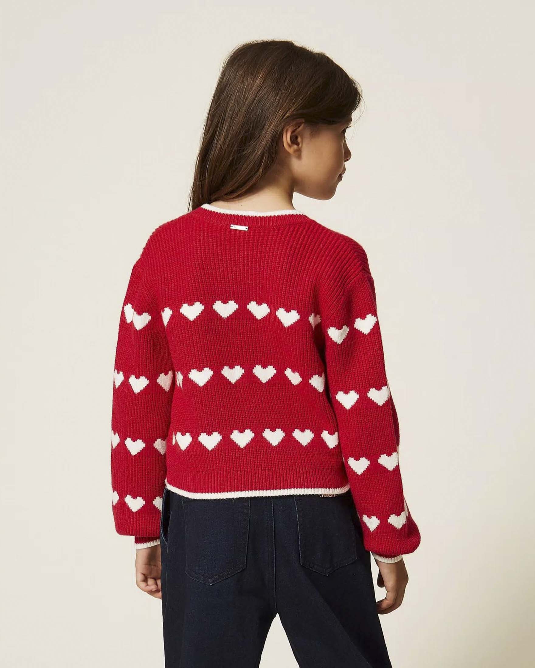 Cardigan Twinset in misto viscosa rosso con cuori bianchi