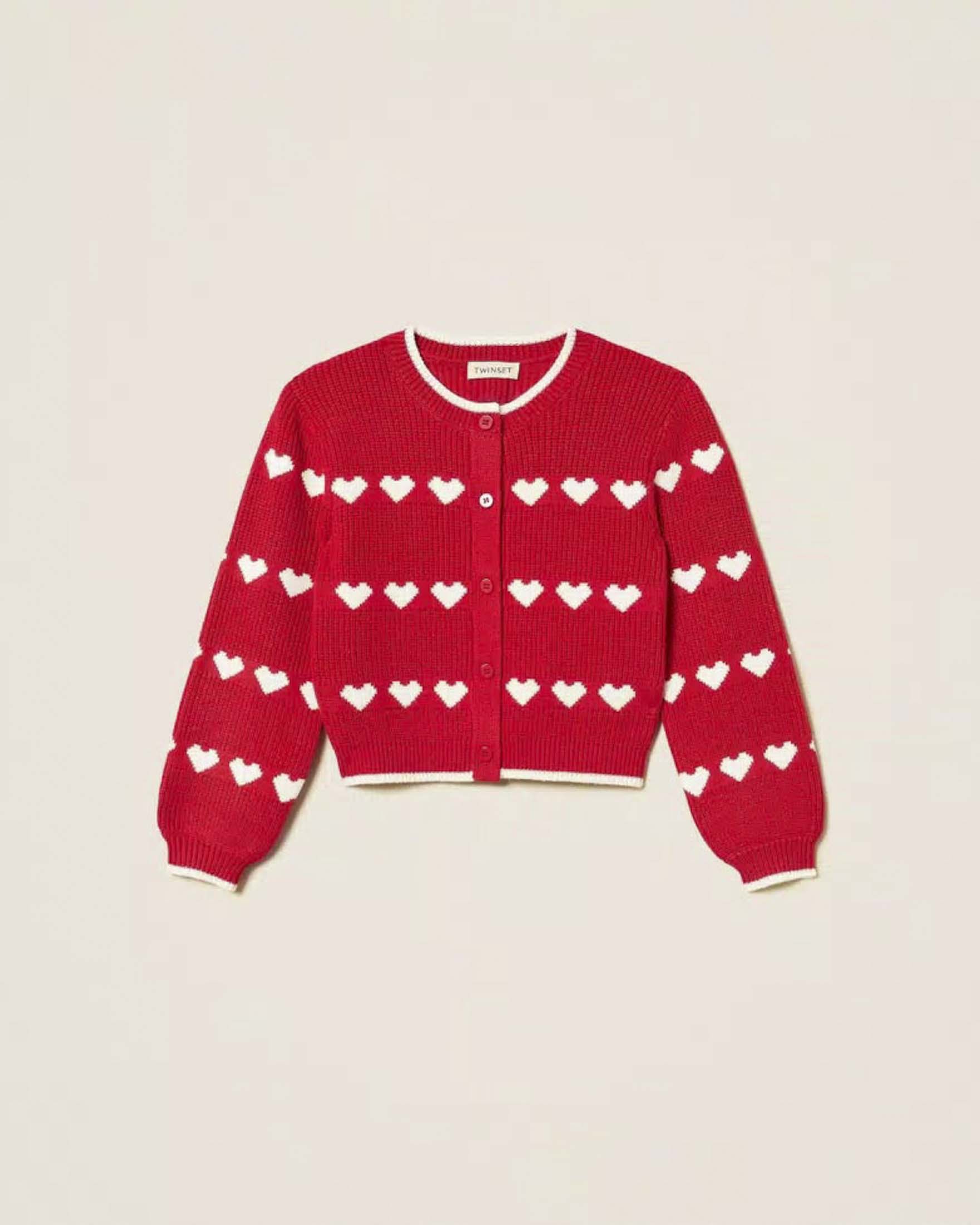Cardigan Twinset in misto viscosa rosso con cuori bianchi