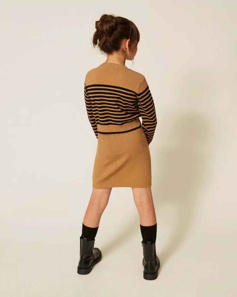 Maglioncino beige e nero Twinset in misto viscosa con maniche a sbuffo