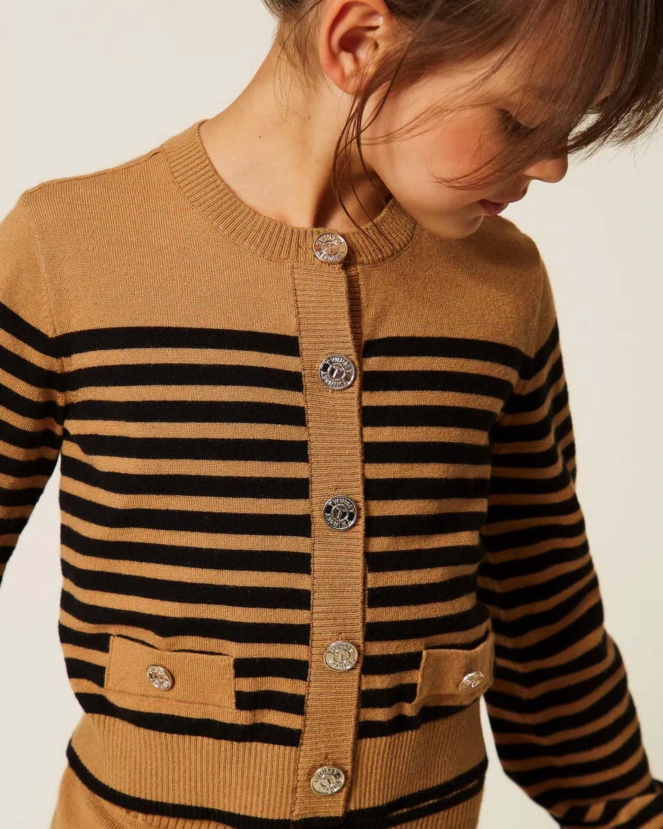 Maglioncino beige e nero Twinset in misto viscosa con maniche a sbuffo