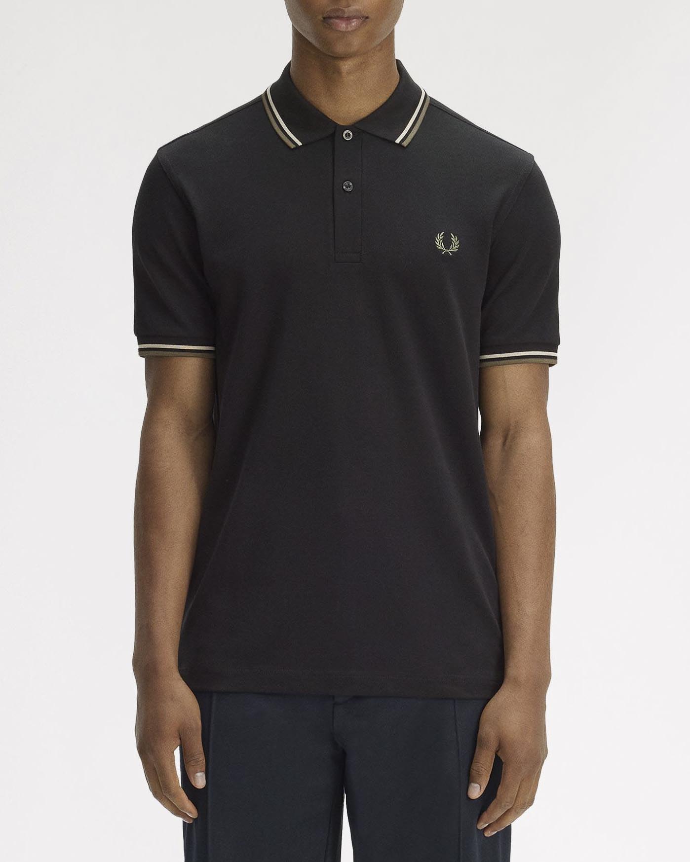 Polo nera mezza manica Fred Perry con bordino bianco e militare