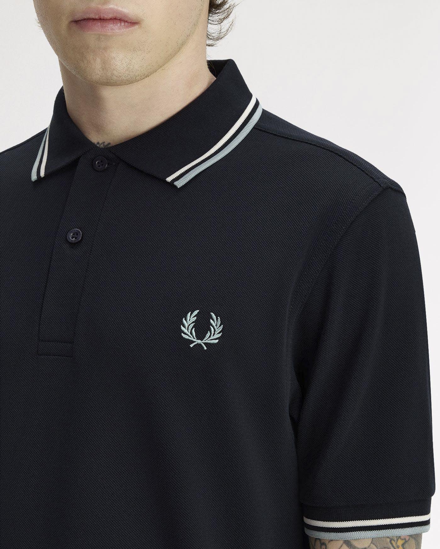 Polo blu mezza manica Fred Perry con bordino bianco e azzurro image