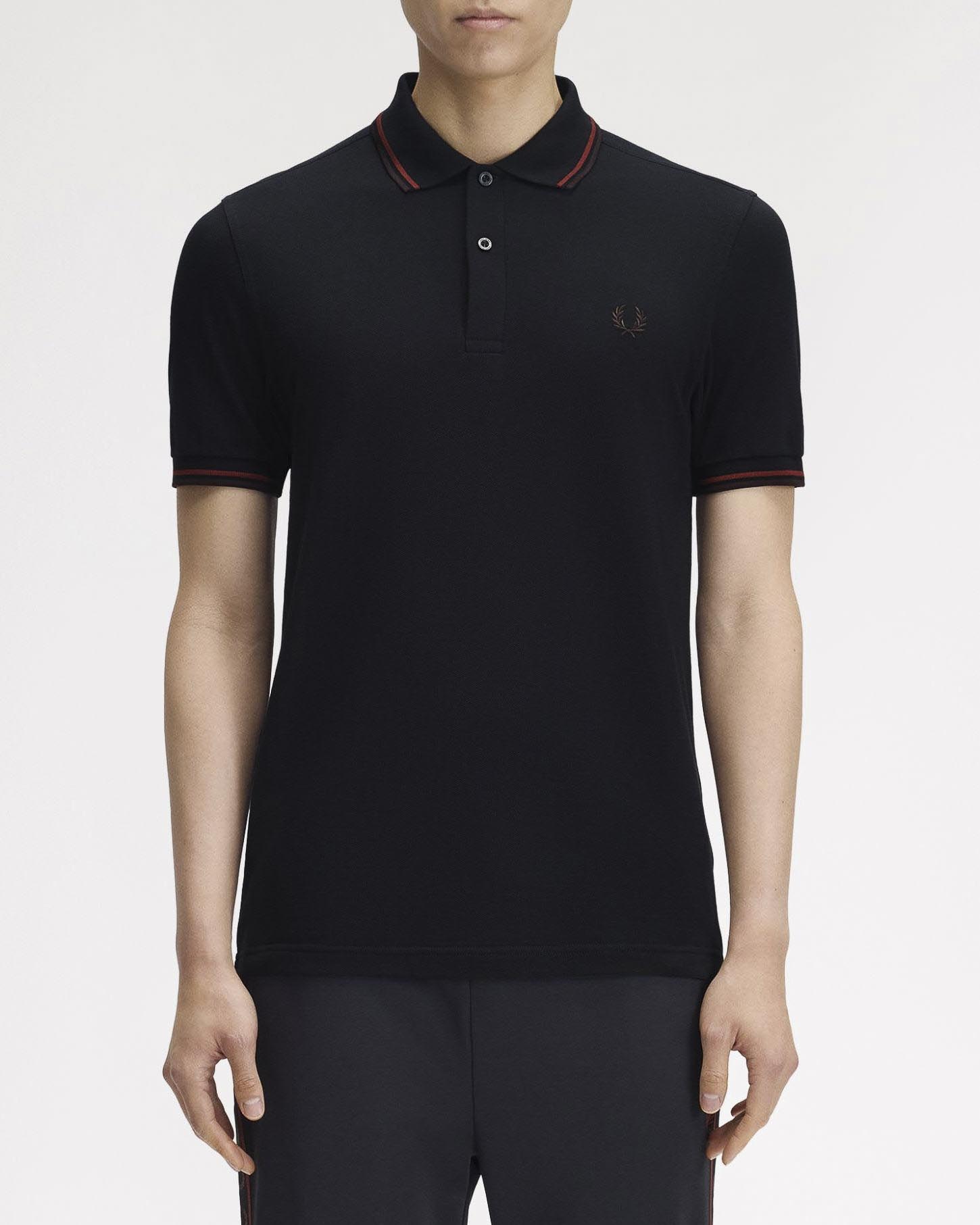 Polo blu mezza manica Fred Perry con bordino coccio e marrone