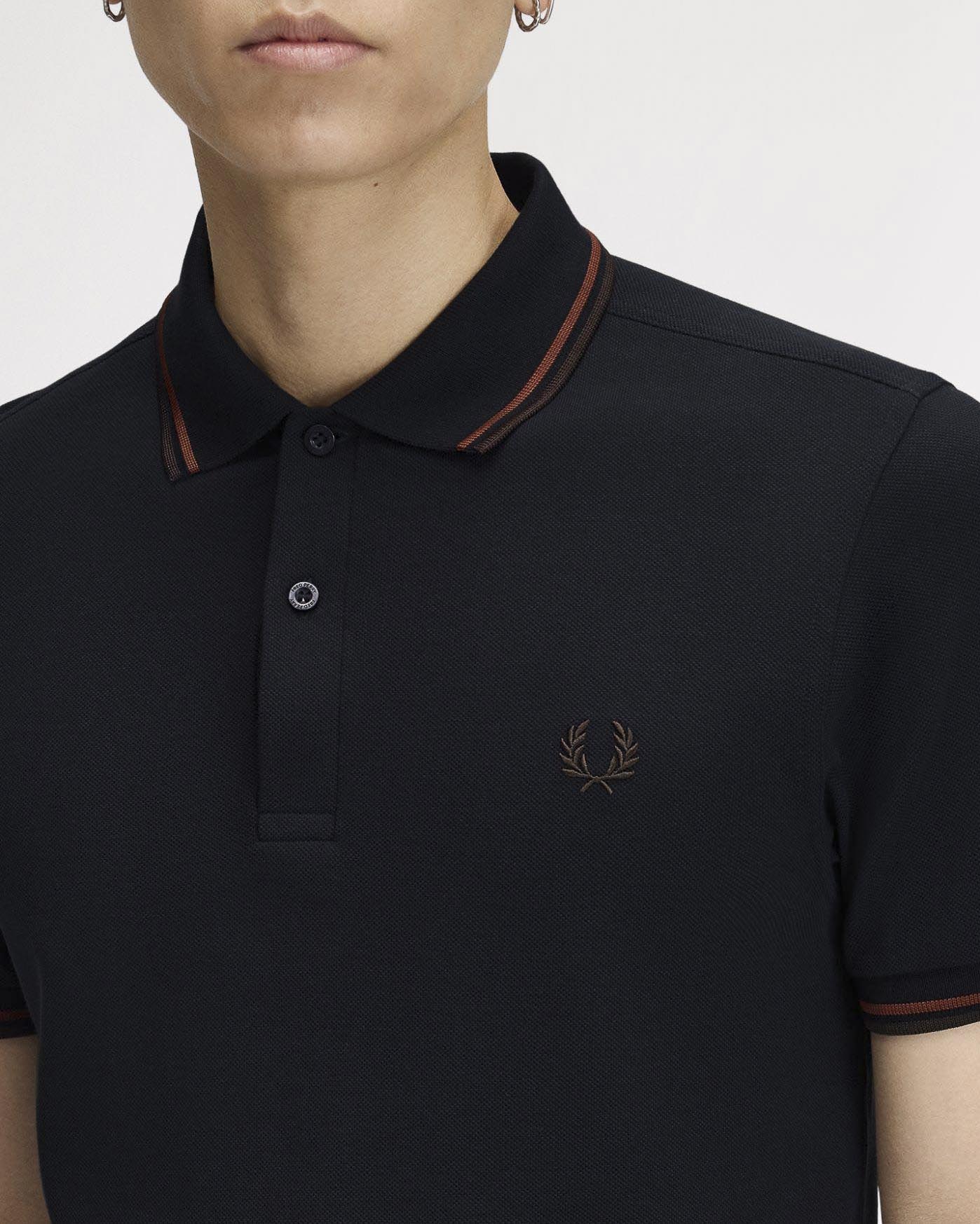 Polo blu mezza manica Fred Perry con bordino coccio e marrone image