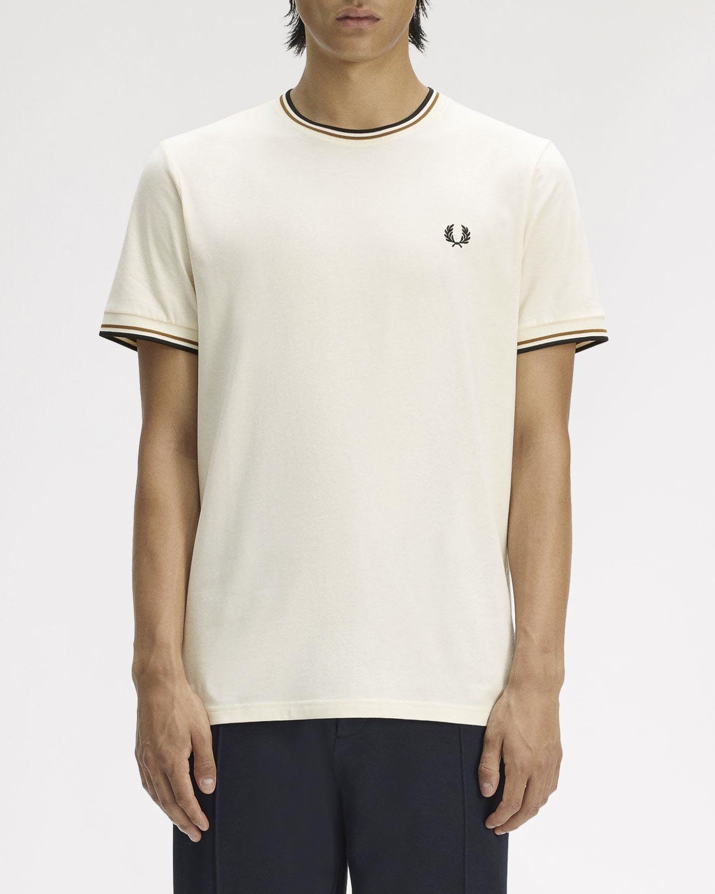T-shirt Fred Perry panna mezza manica con bordino cammello e nero