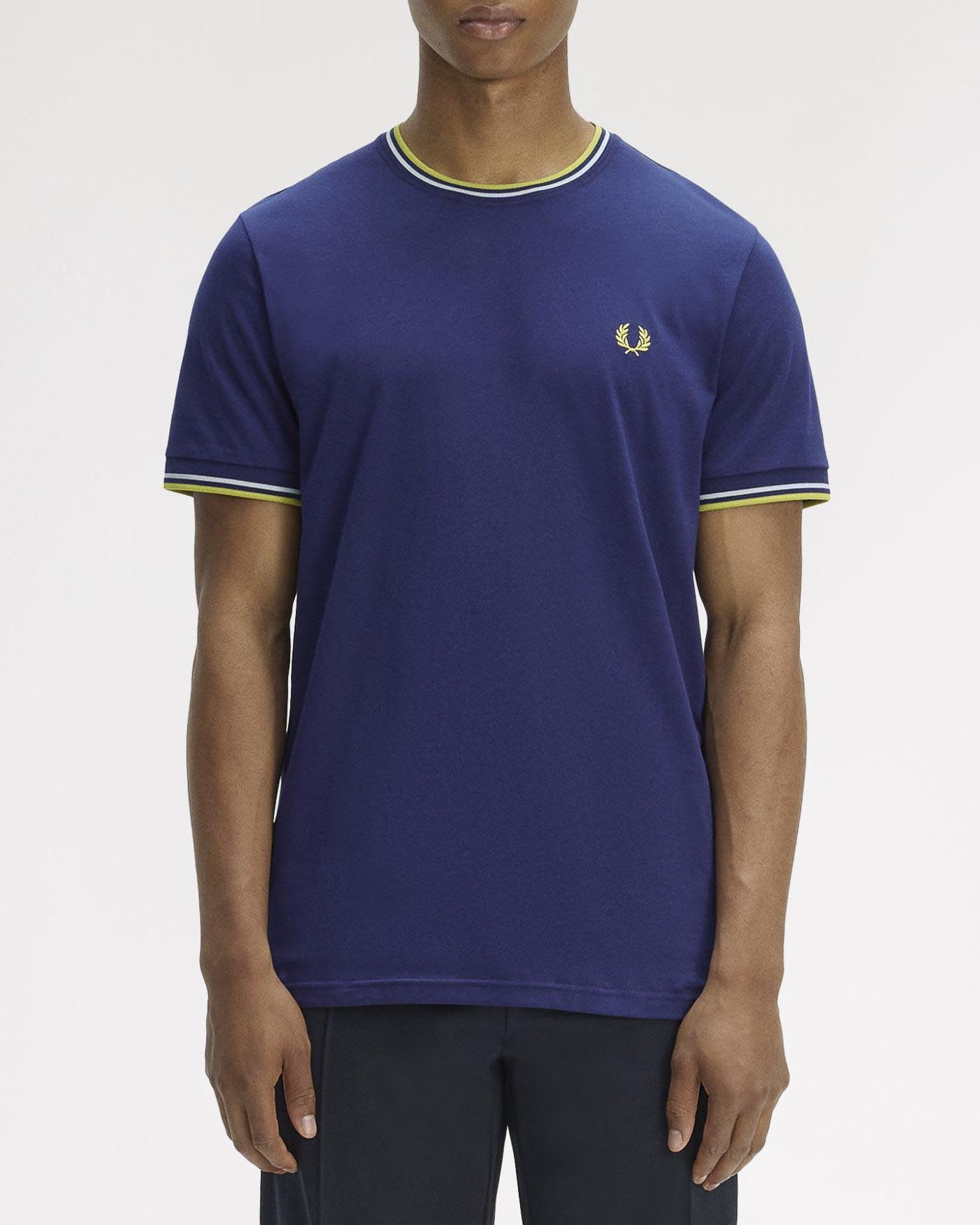 T-shirt Fred Perry blu royal mezza manica con bordino bianco e giallo