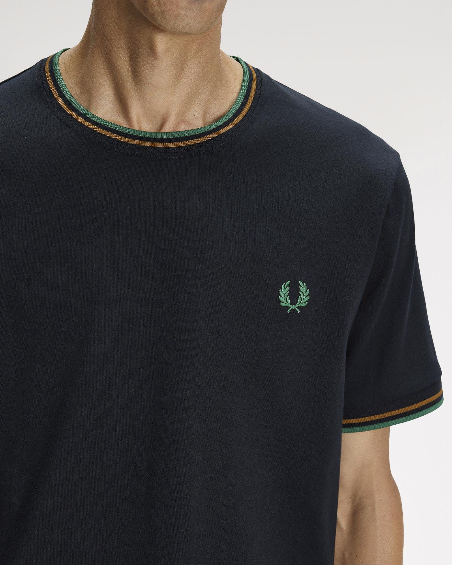 T-shirt Fred Perry blu mezza manica con bordino verde e arancio image