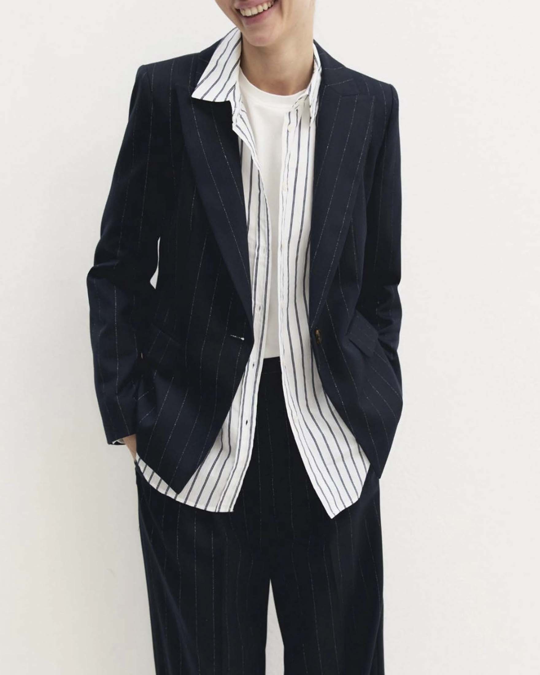 Blazer monopetto Emme Marella blu gessato in misto viscosa con filo di lamé