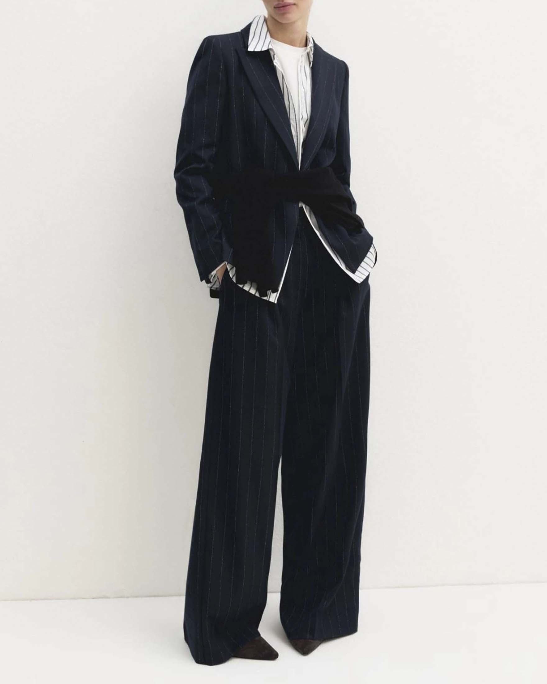 Pantaloni palazzo Emme Marella blu gessati in misto viscosa con filo di lamé