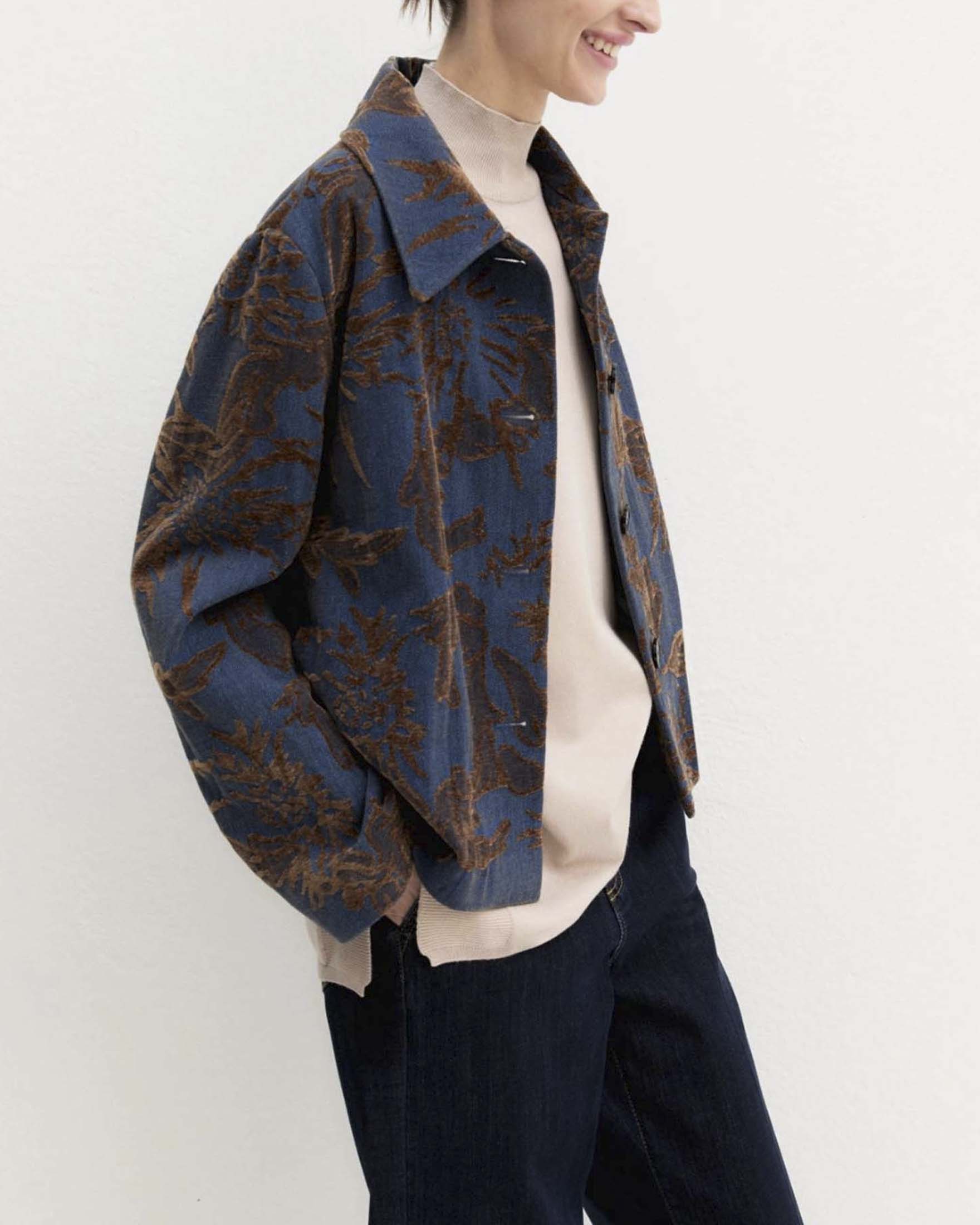 Giacca Emme Marella in denim jacquard délavé con fantasia floreale