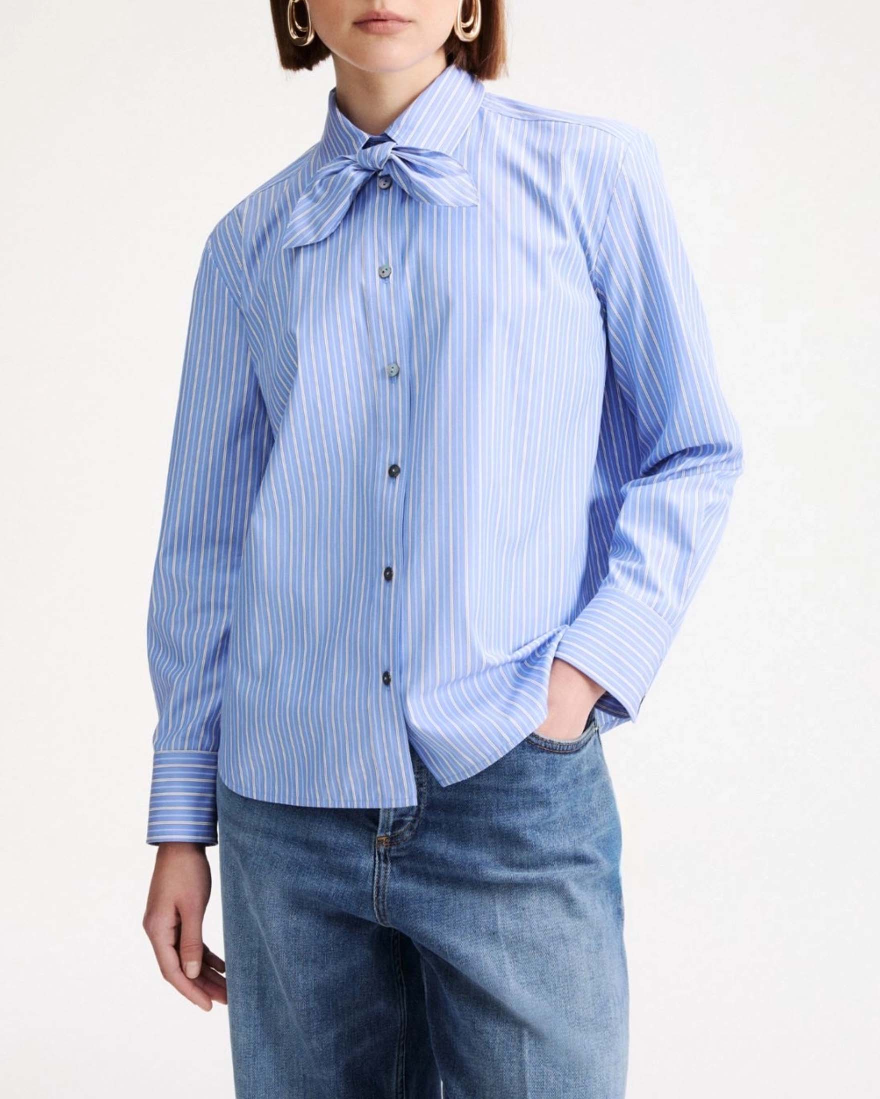 Camicia boxy Marella azzurra in popeline di cotone a righe con fusciacca removibile da annodare
