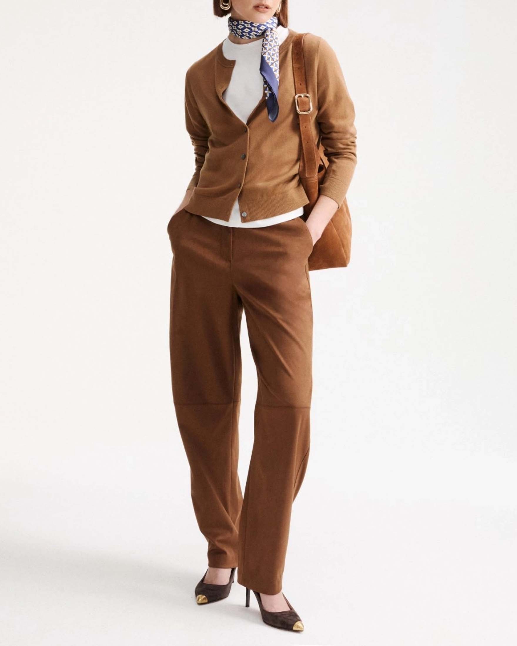 Pantaloni barrel Marella marroni in jersey stretch effetto suede con impunture sulla gamba e tasche