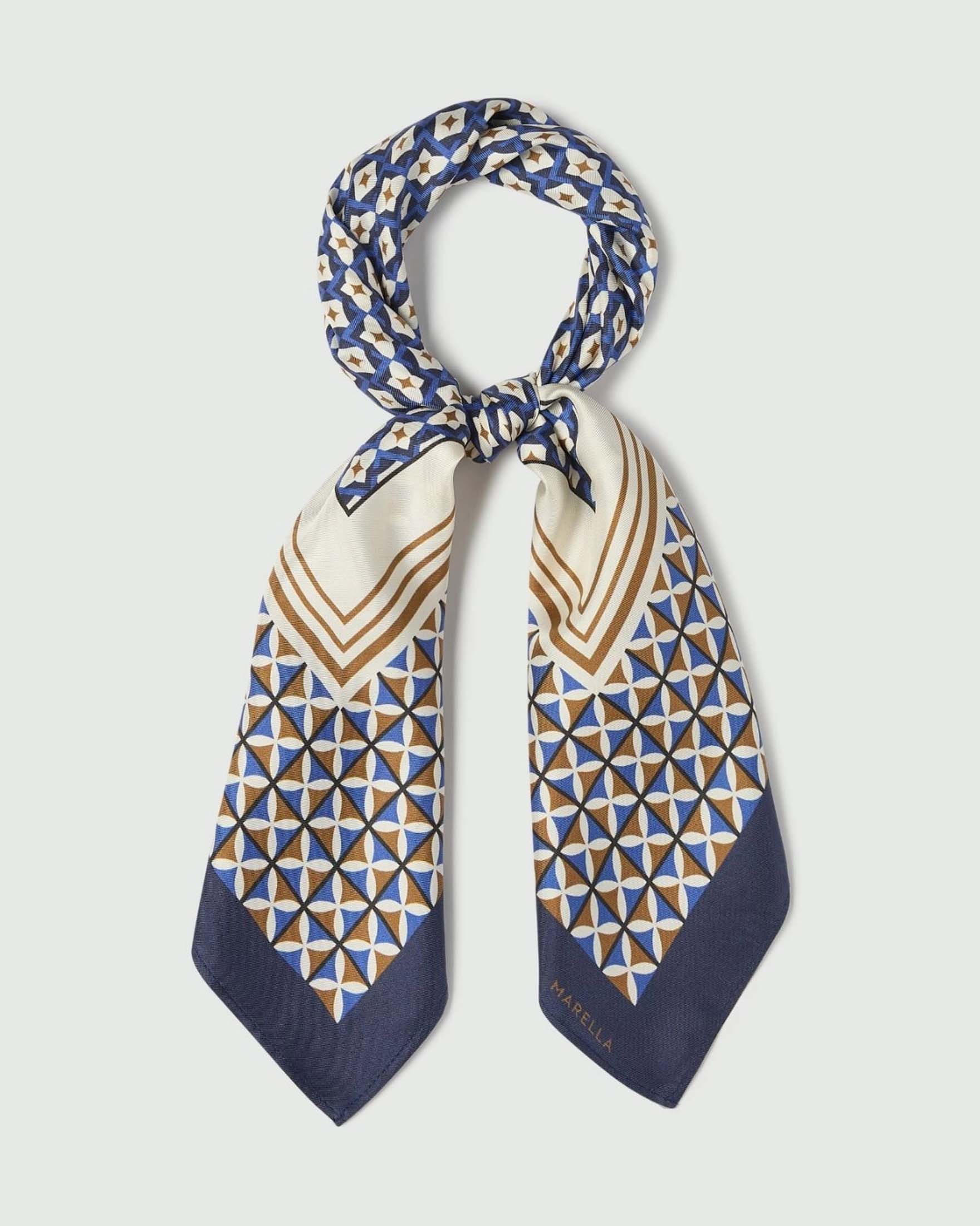 Foulard Marella blu in twill di pura seta a stampa geometrica panna e cuoio con logo