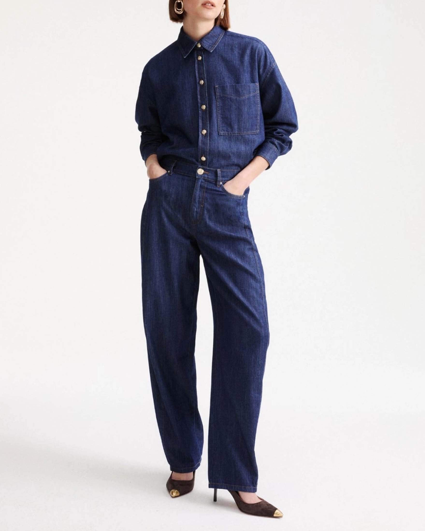 Jeans barrel Marella blu in denim fluido di cotone con cuciture verticali
