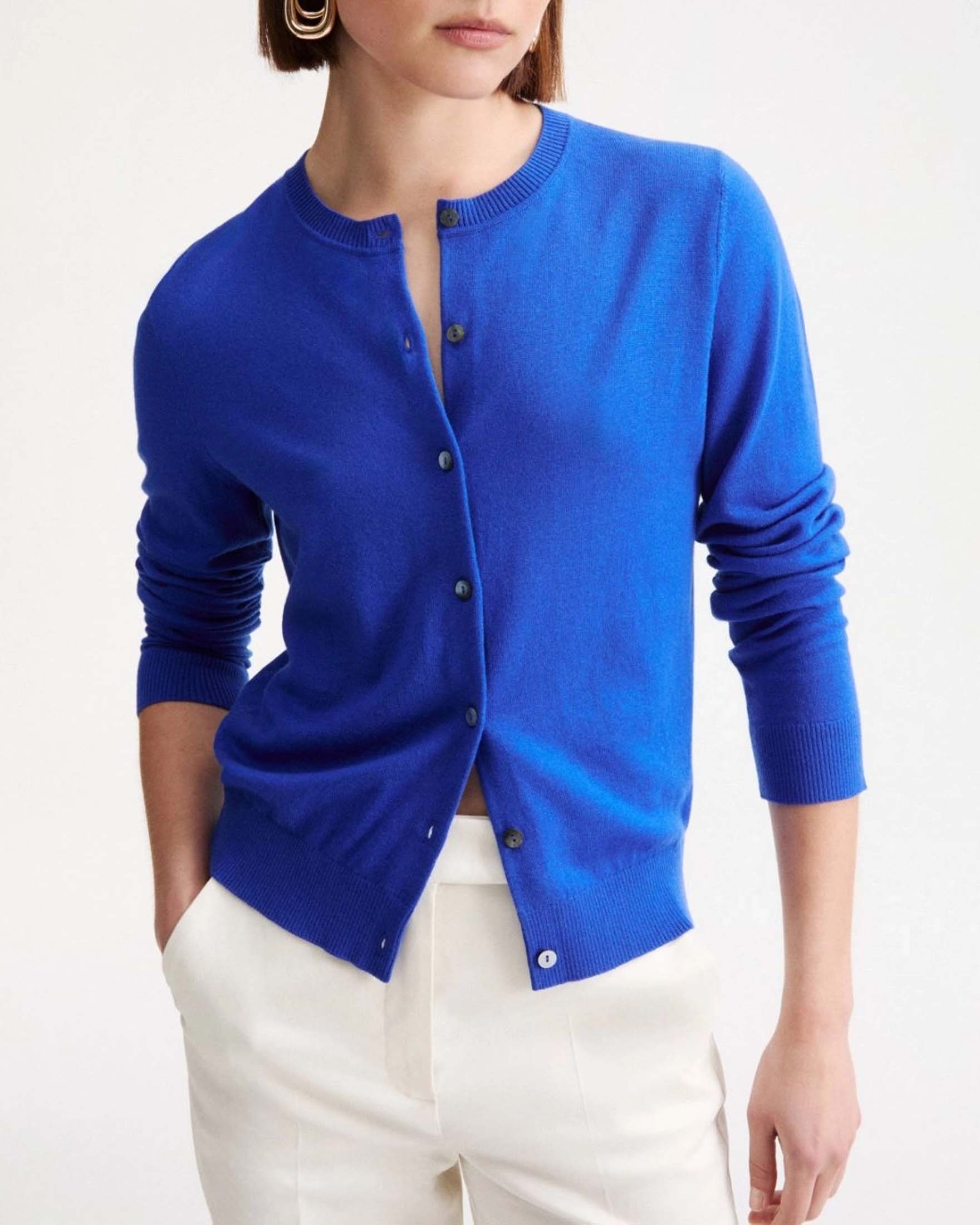 Cardigan Marella blu China in lana merino extrafine con scollo a giro e bordi a costine image