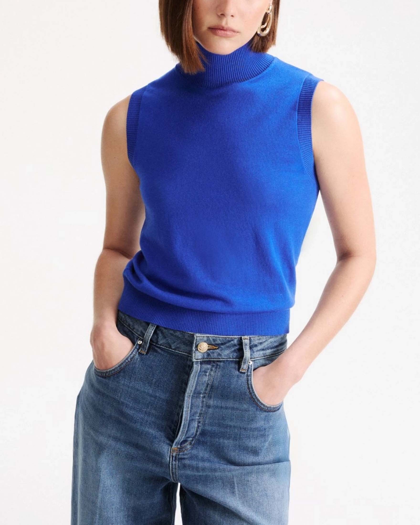 Top Marella blu China in lana merino extrafine con collo a lupetto e bordi a costine image