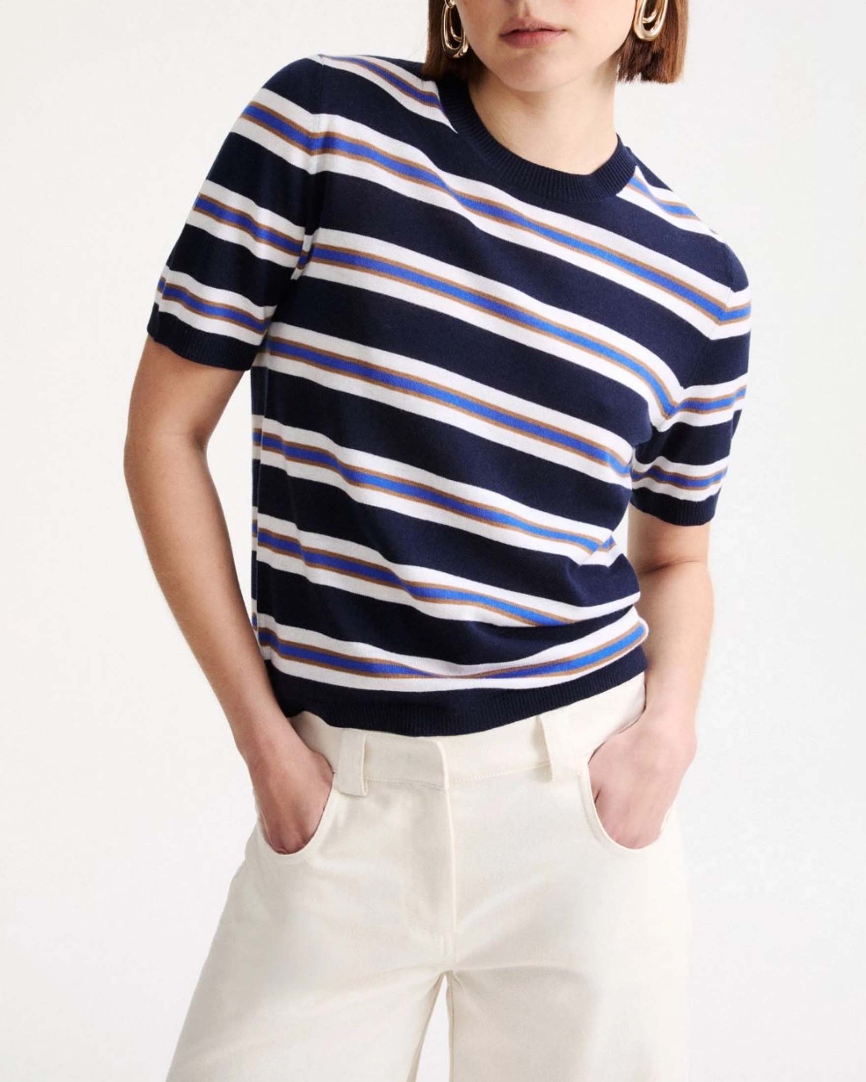 Maglia maniche corte Marella blu a righe in lana merino extrafine con scollo a giro e bordi a coste image