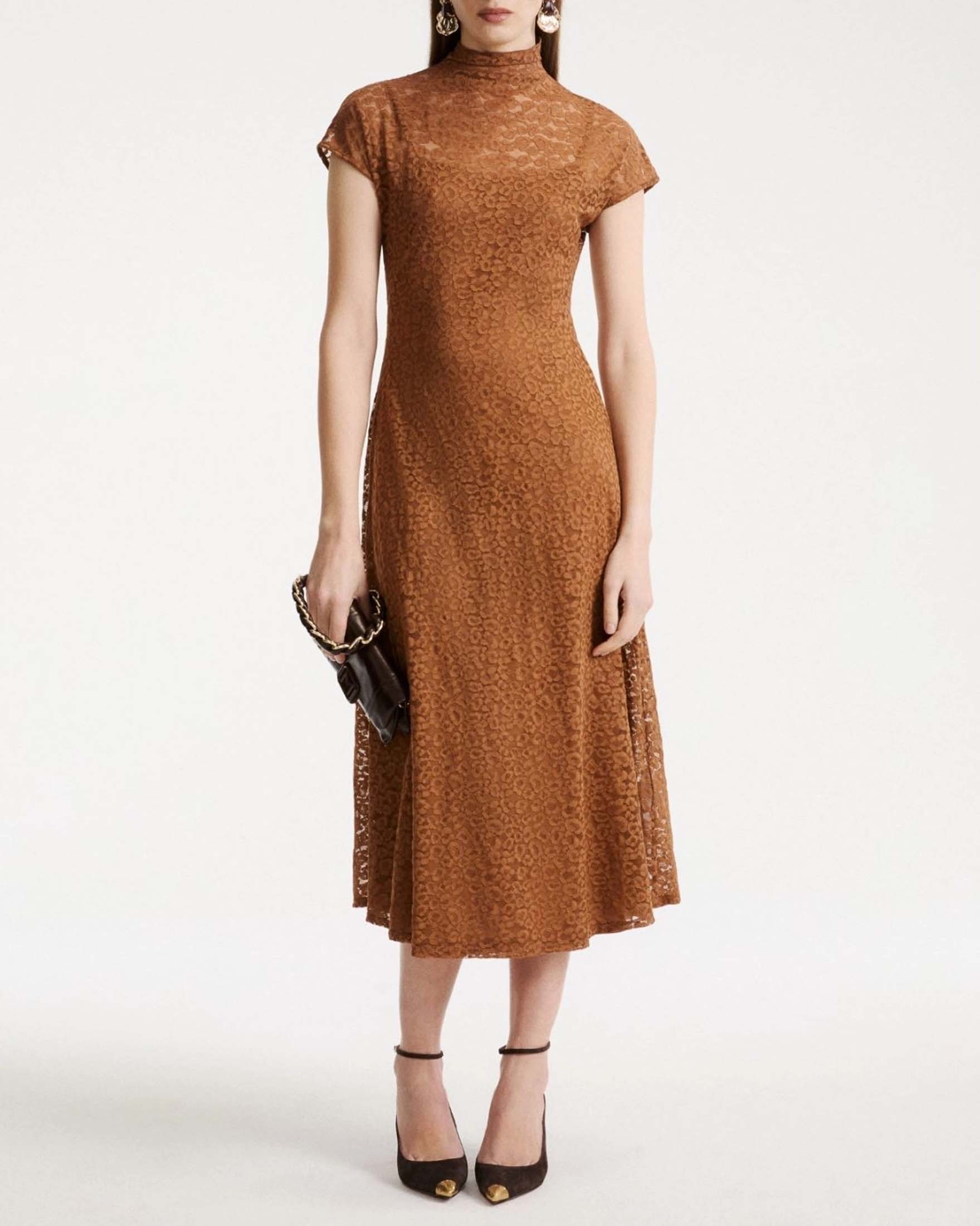 Abito midi Marella Sport fit and flare color cuoio in pizzo a maniche corte con sottoveste