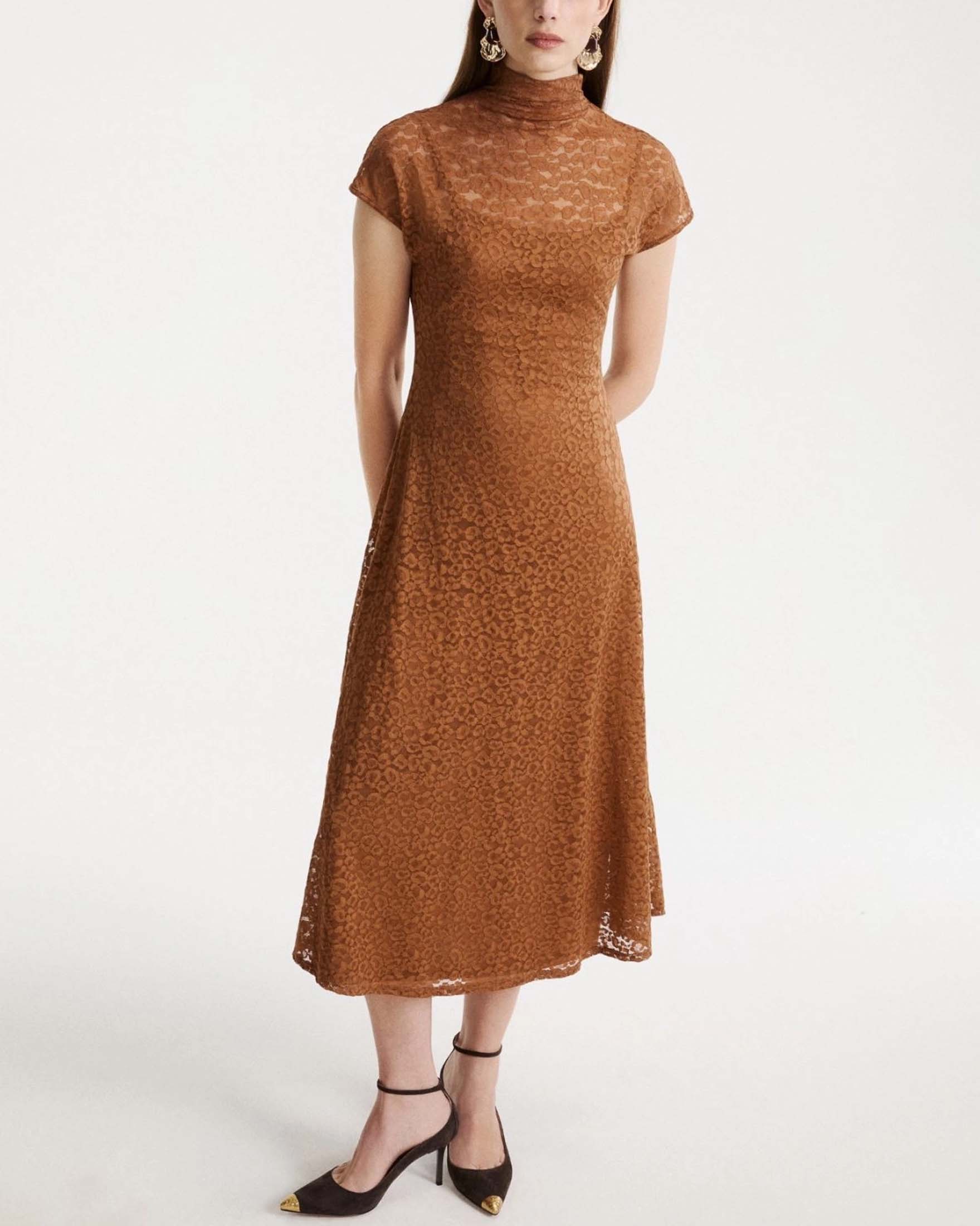 Abito midi Marella Sport fit and flare color cuoio in pizzo a maniche corte con sottoveste image