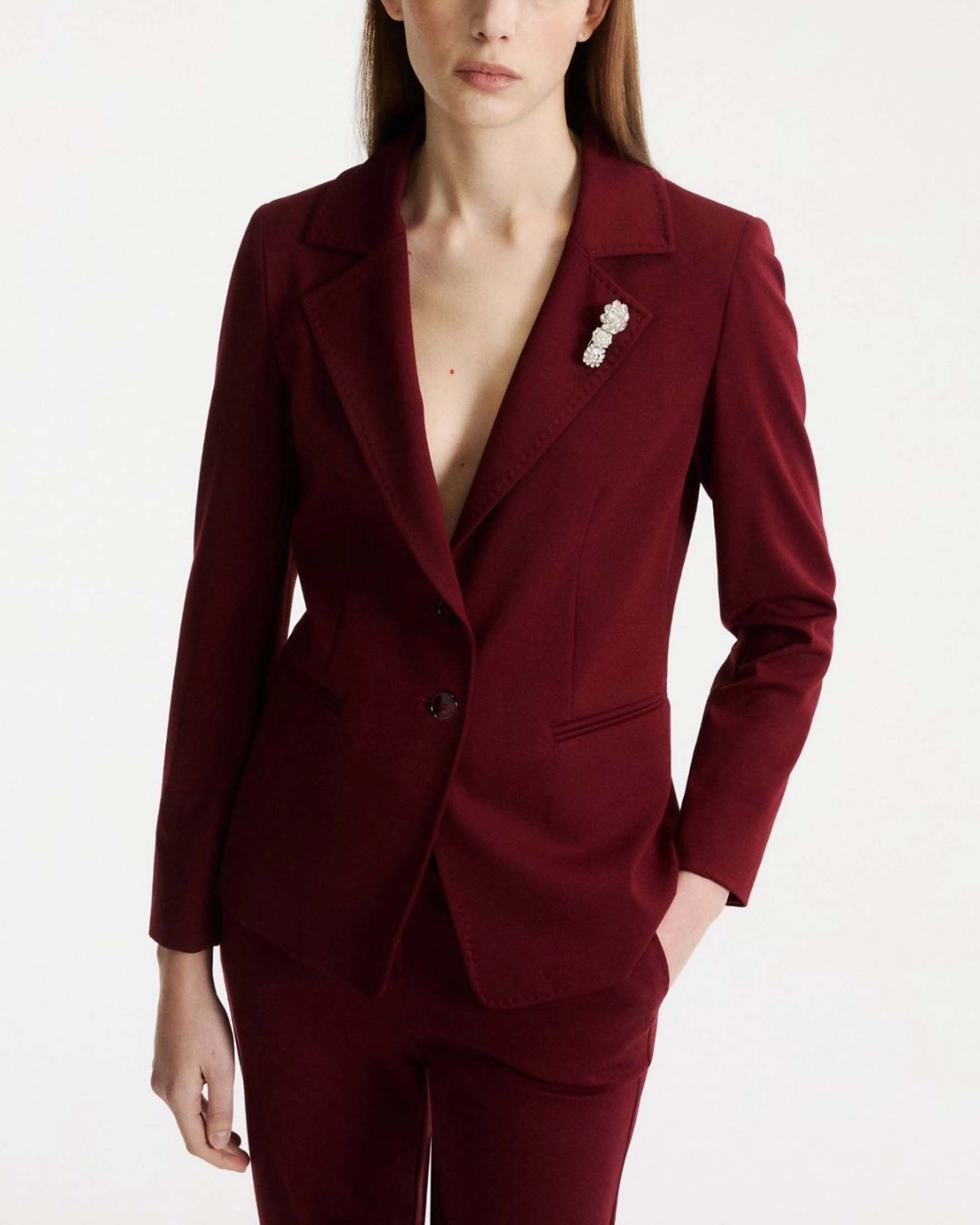 Blazer monopetto Marella Sport bordeaux un jersey in punto Milano stretch con spilla gioiello