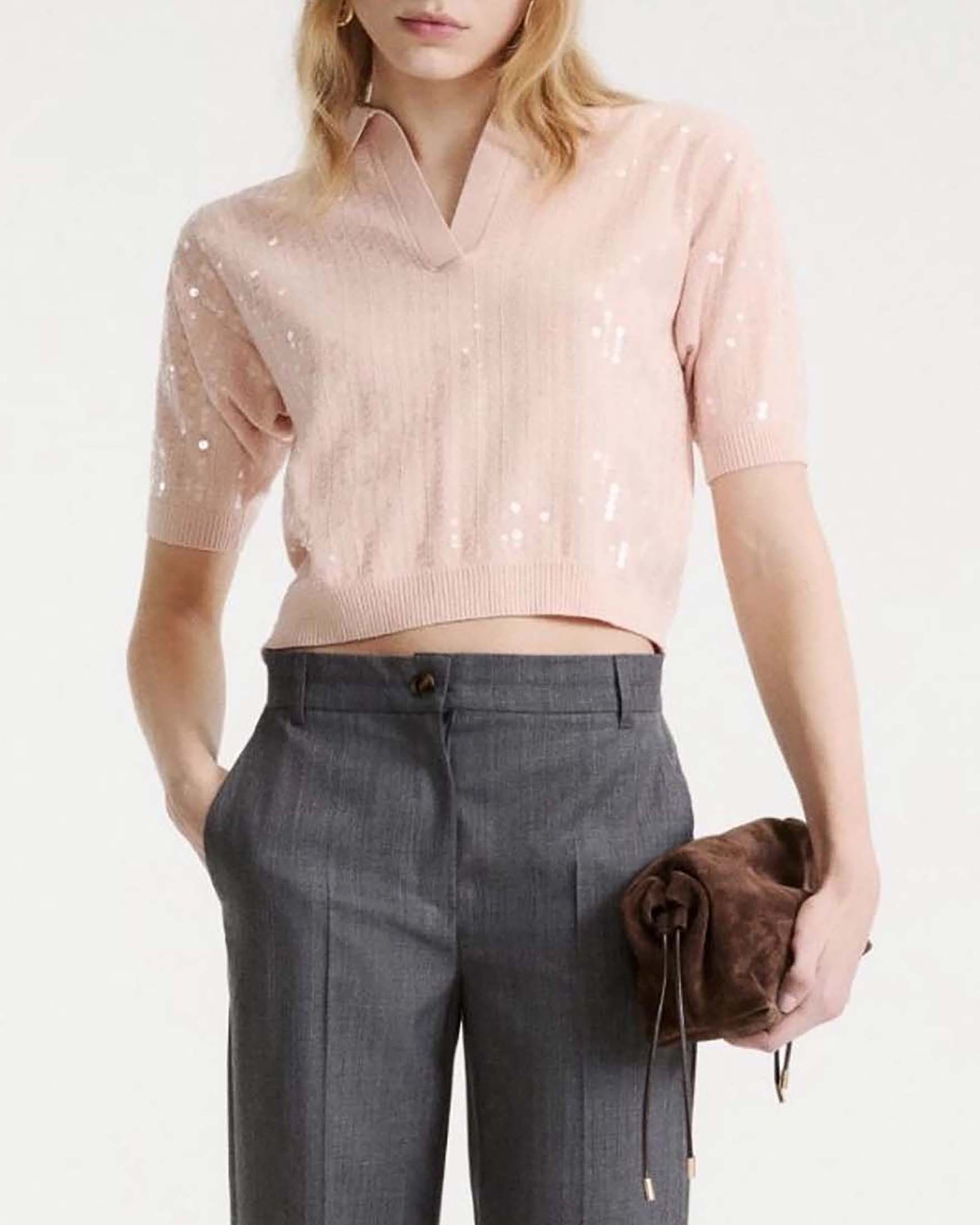 Polo Marella Sport color cipria in maglia bouclé di cotone con paillettes trasparenti e mezze maniche