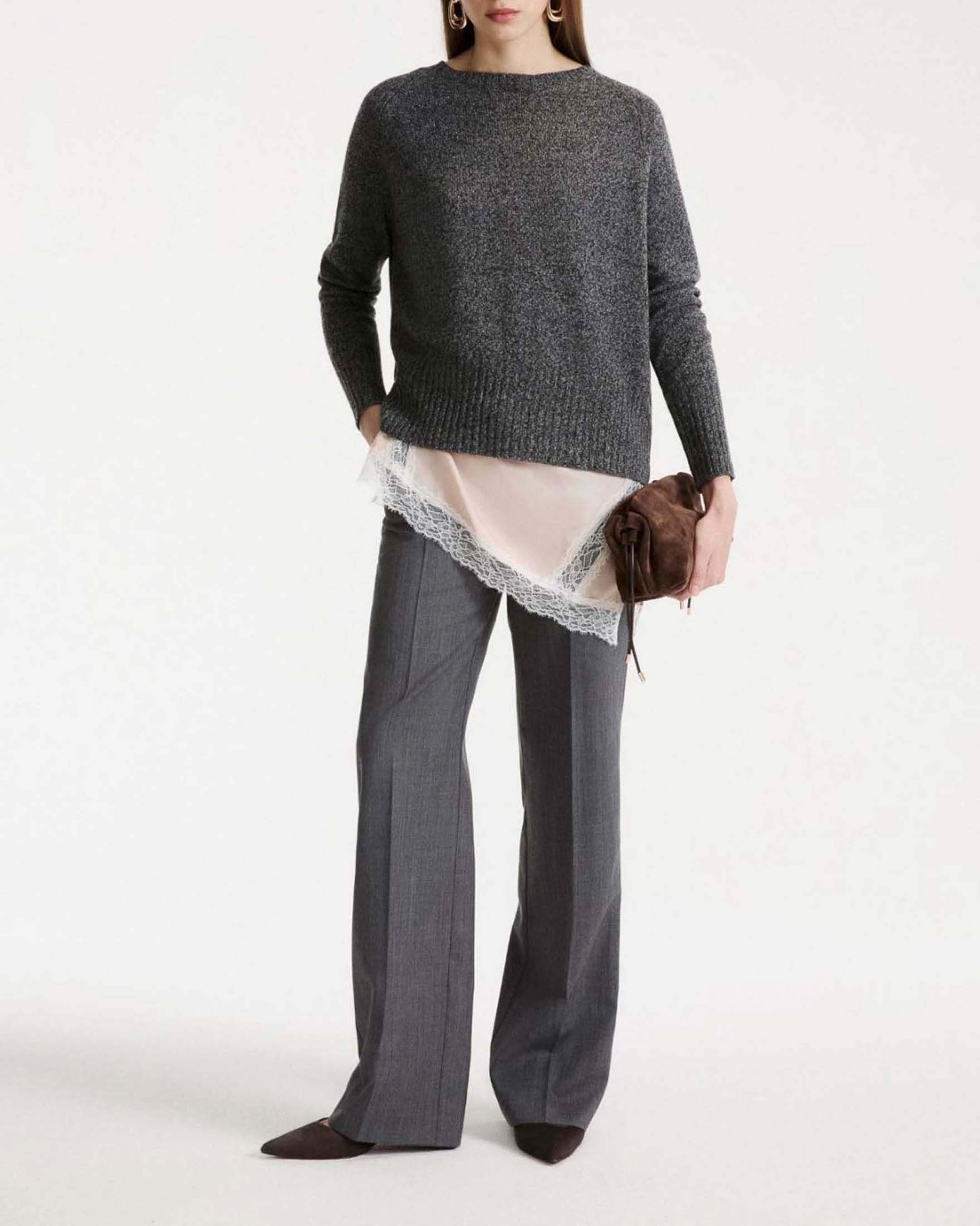 Maglia girocollo Marella Sport antracite in misto cashmere con fusciacca in seta nera da annodare image