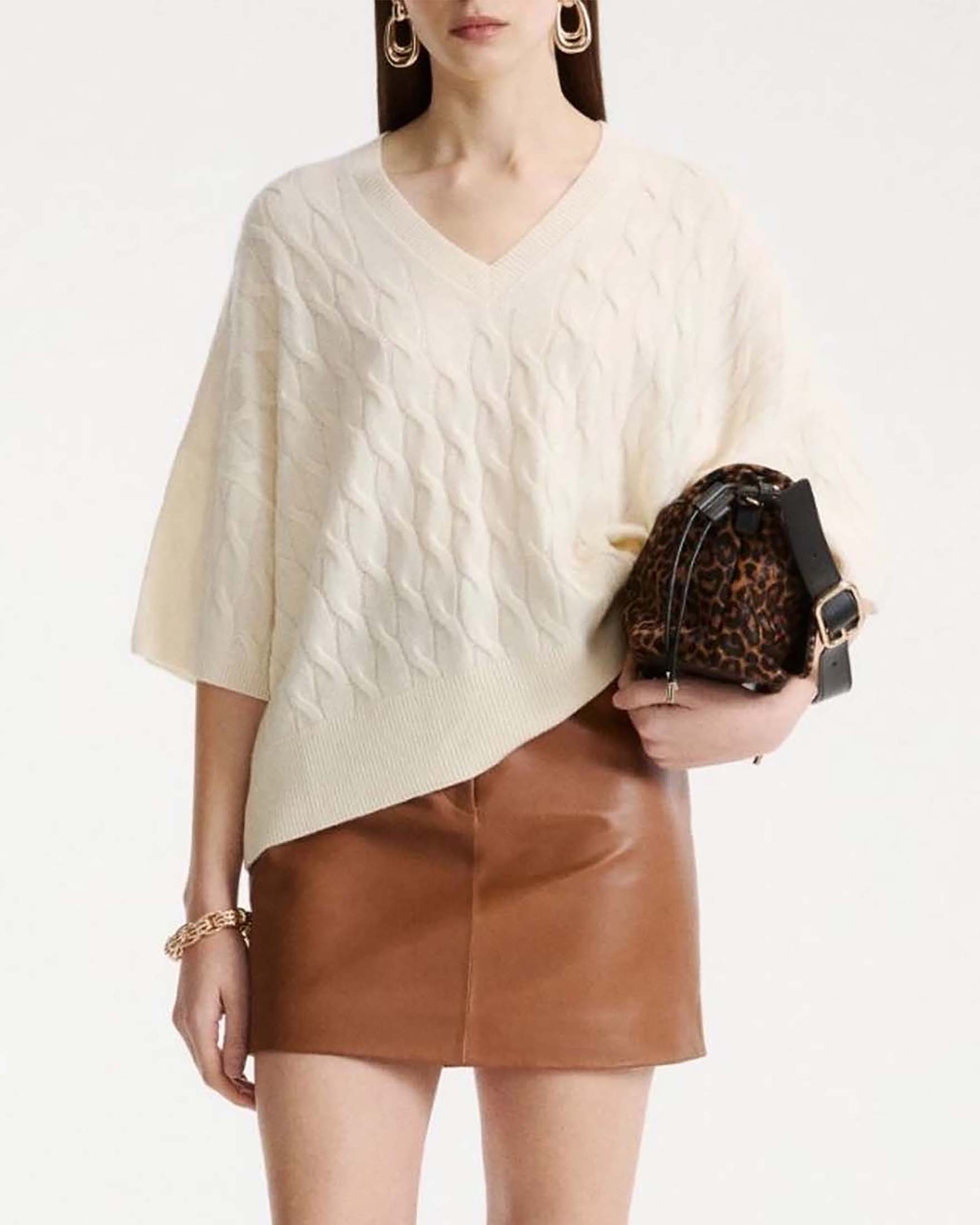 Maglia Marella Sport color panna in misto cashmere a trecce con scollo a V e mezze maniche