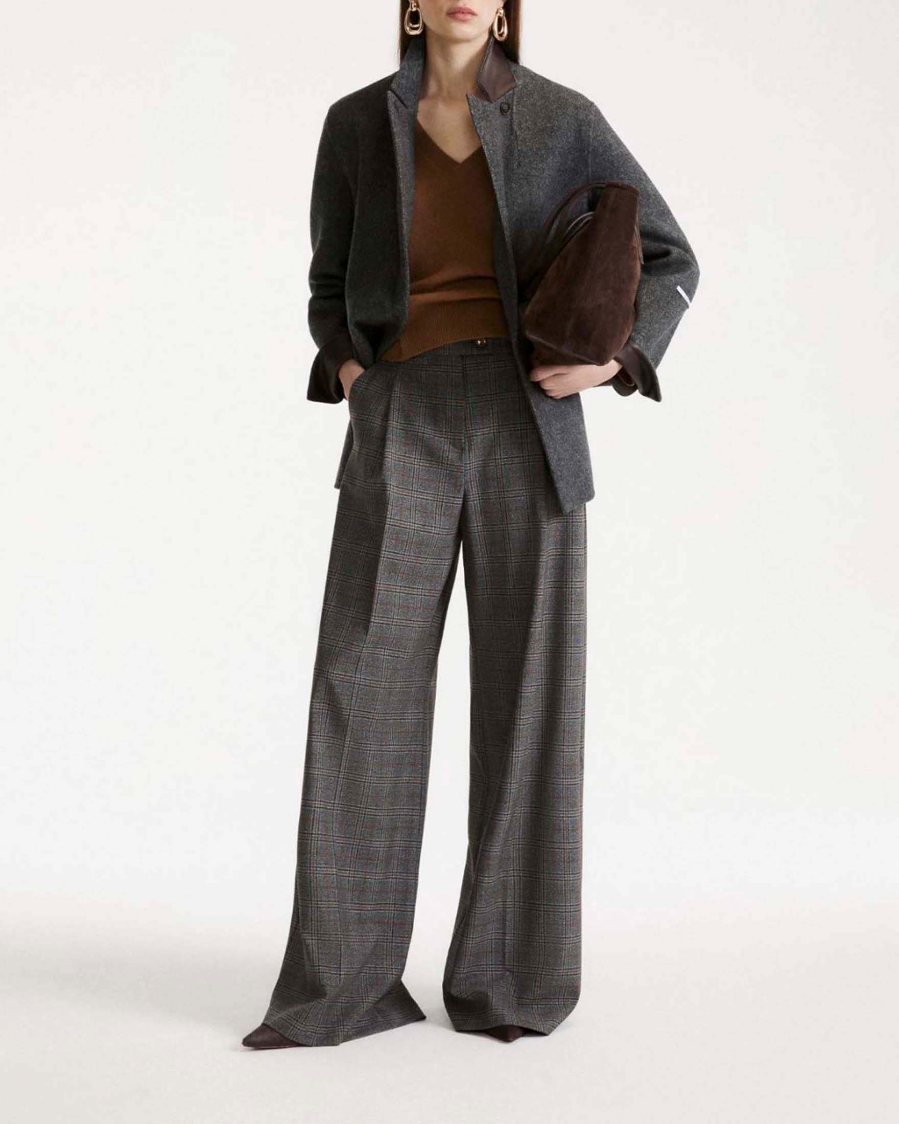 Pantaloni dritti Marella Sport sartoriali in twill stretch fantasia check grigio e cuoio con pince