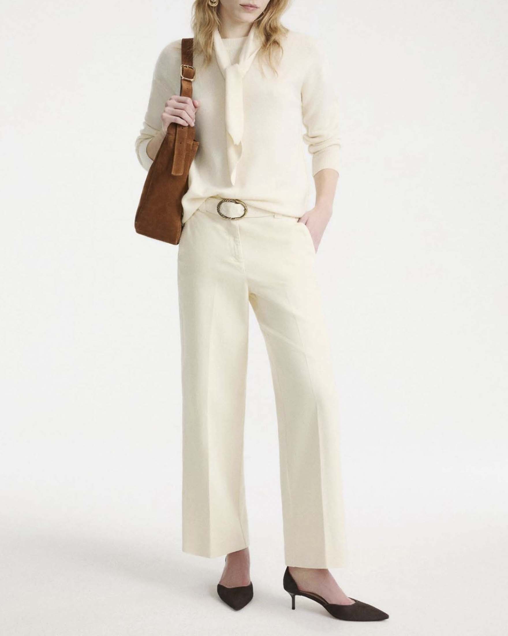 Pantalone ampi cropped Marella Sport color burro in cotone stretch con chiusura a gancio e cintura