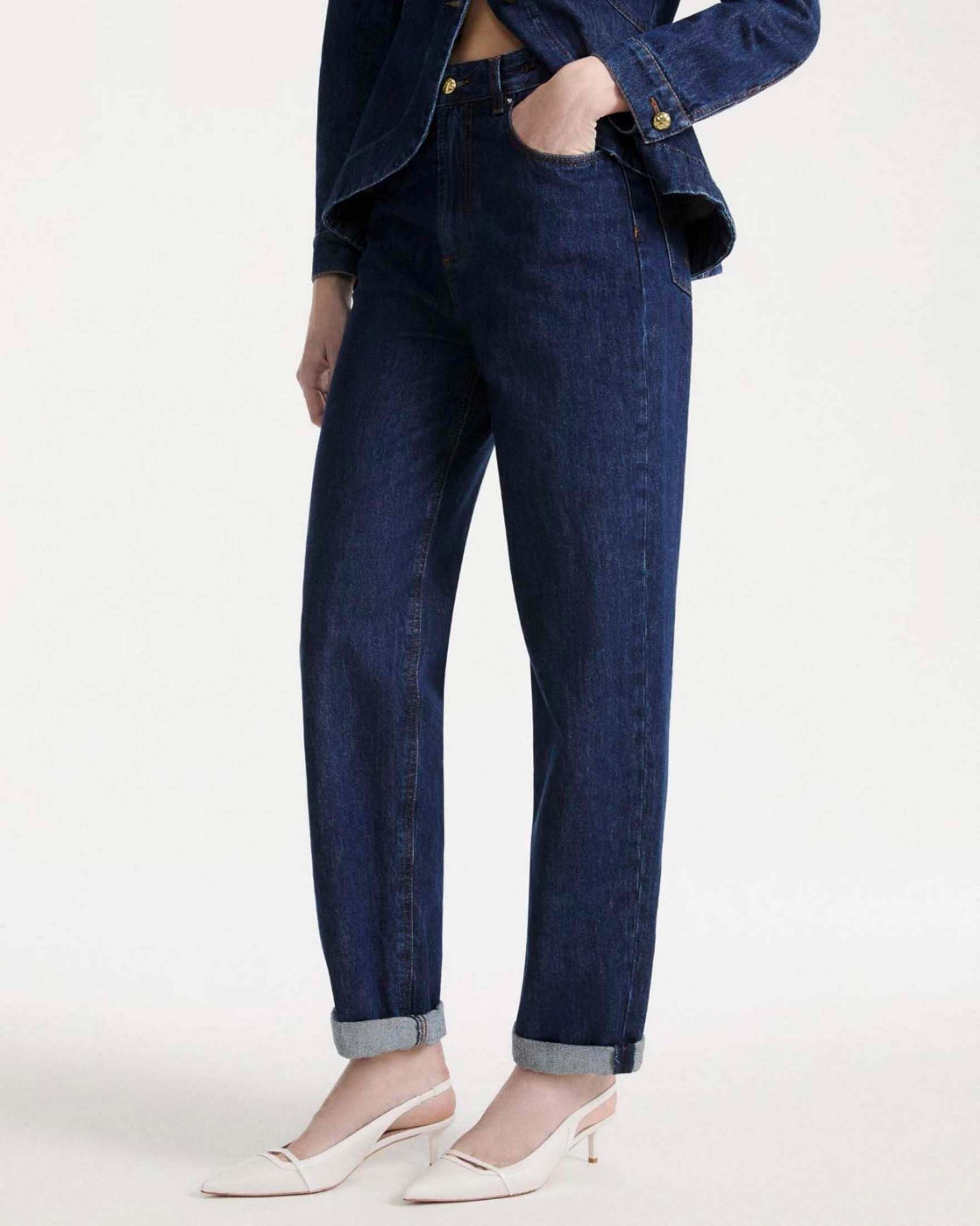 Jeans mom fit Marella Sport blu a vita alta con salpa in pelle logata sul retro image