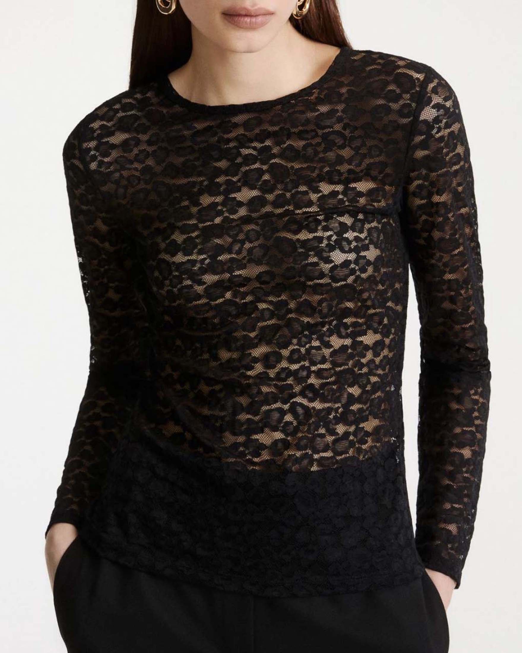 T-shirt a maniche lunghe Marella Sport nera in pizzo con scollo stondato e chiusura a goccia sul retro