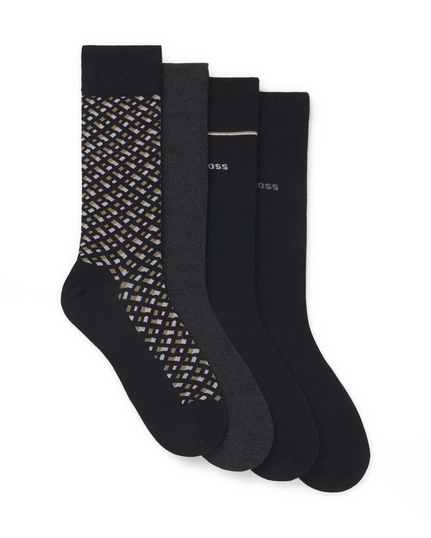 Set di 4 paia di calzini Boss neri in misto cotone con logo ricamato