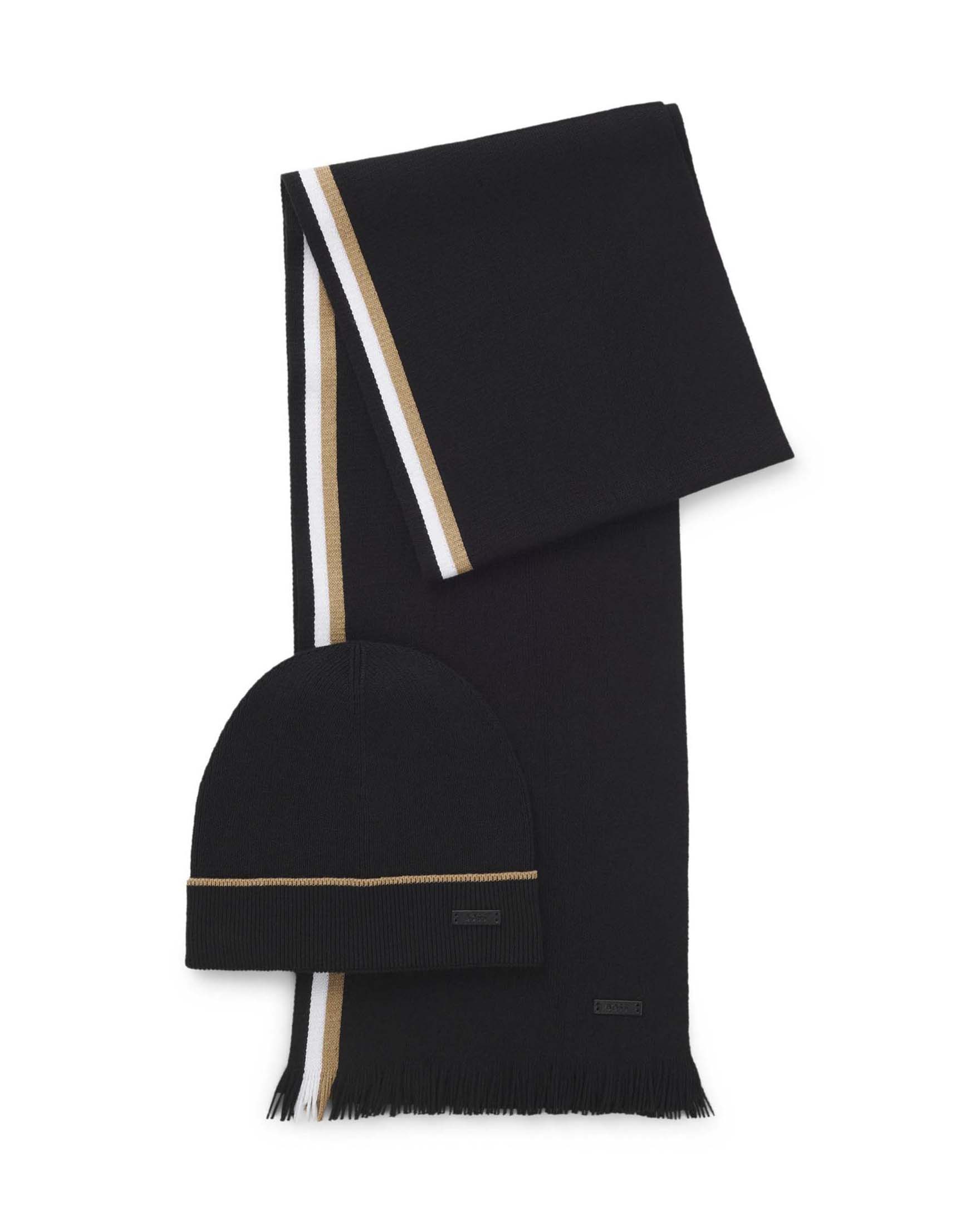 Set berretto e sciarpa Boss nero in misto cotone con patch logo in pelle