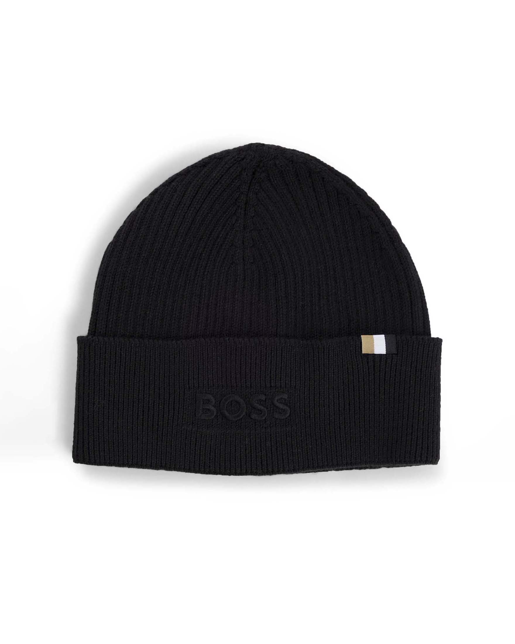 Berretto Boss nero in misto cotone a coste con logo ricamato