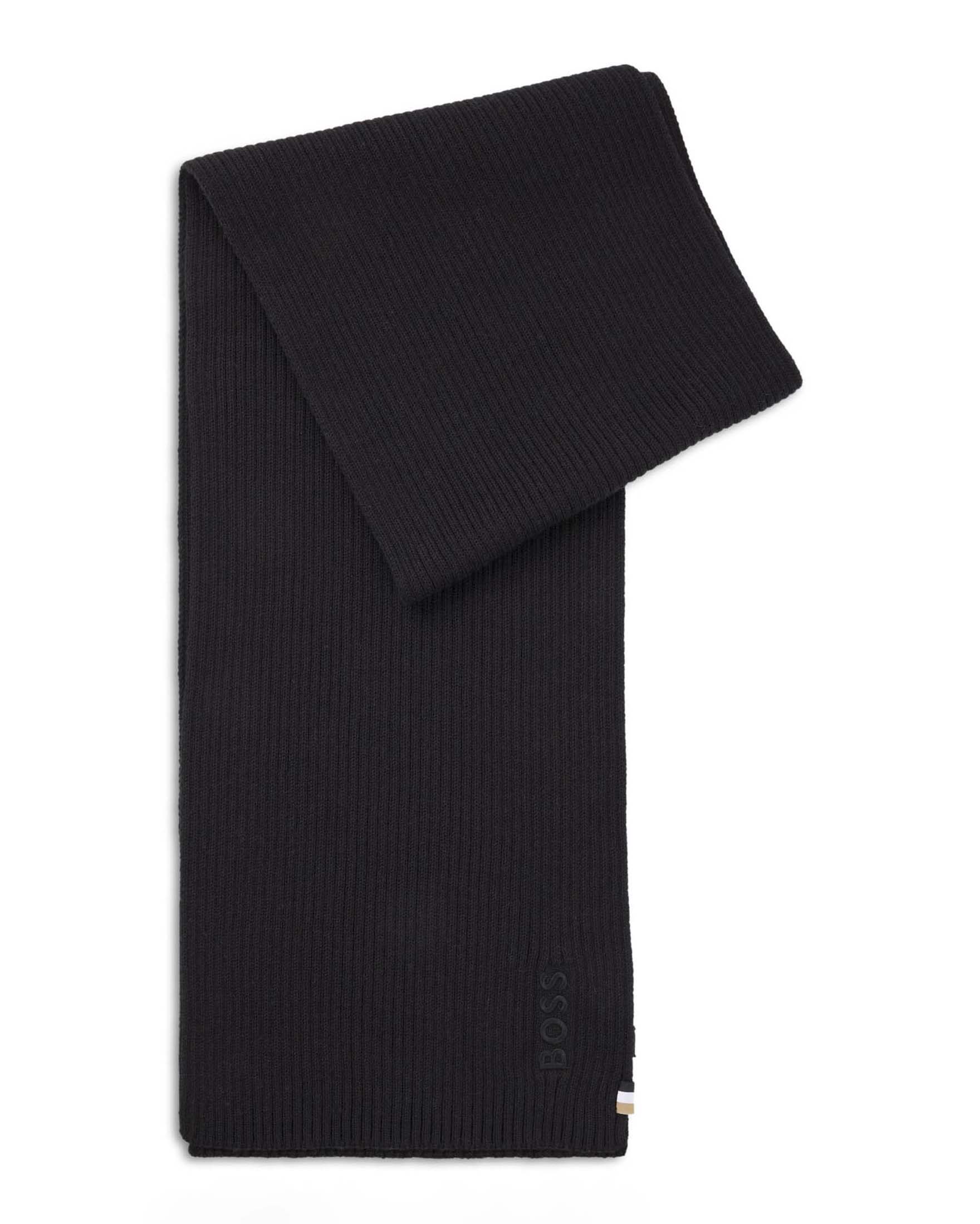 Sciarpa Boss nera in misto cotone a coste con logo ricamato