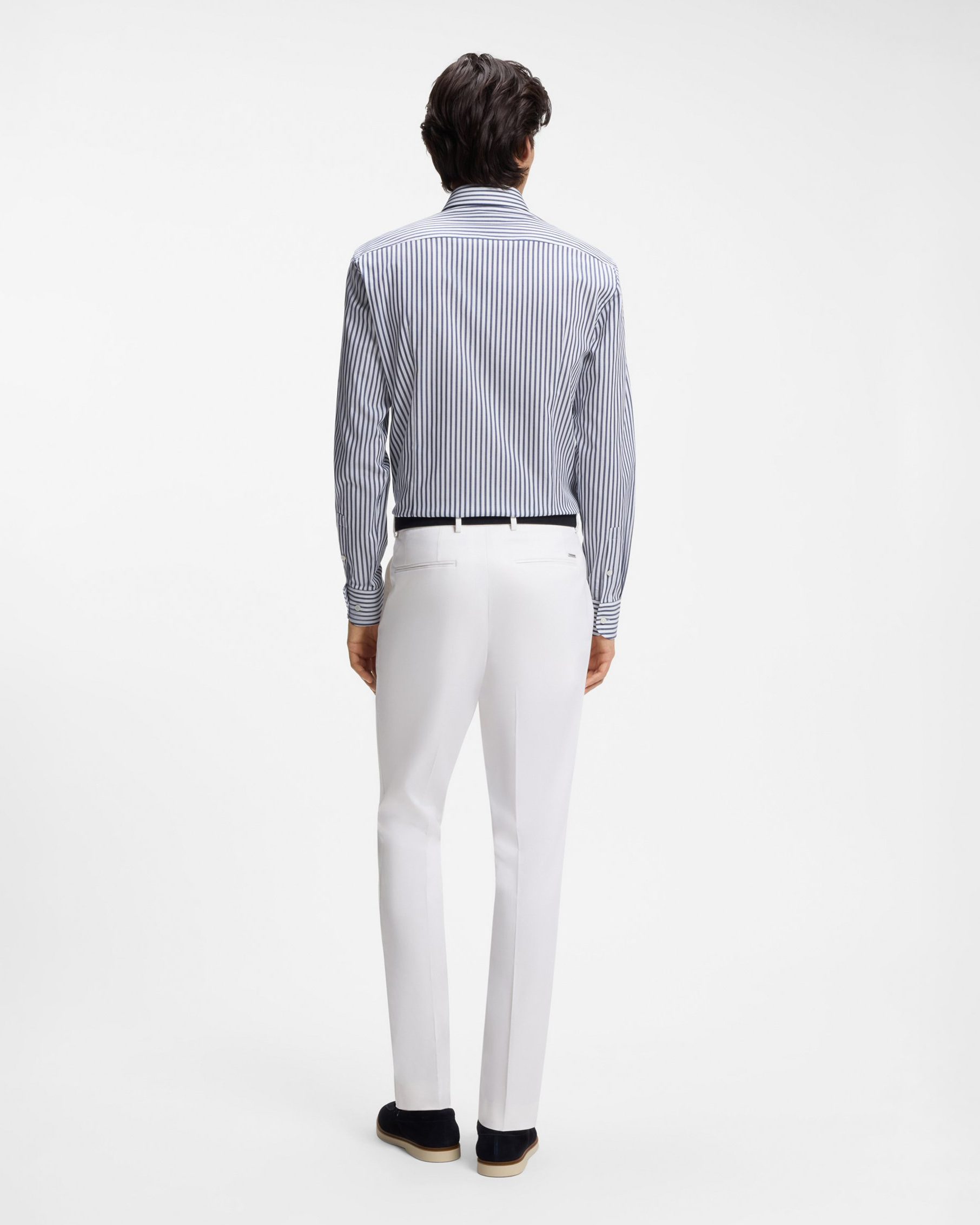 Camicia a maniche lunghe Boss bianca a righe blu in cotone elasticizzato image