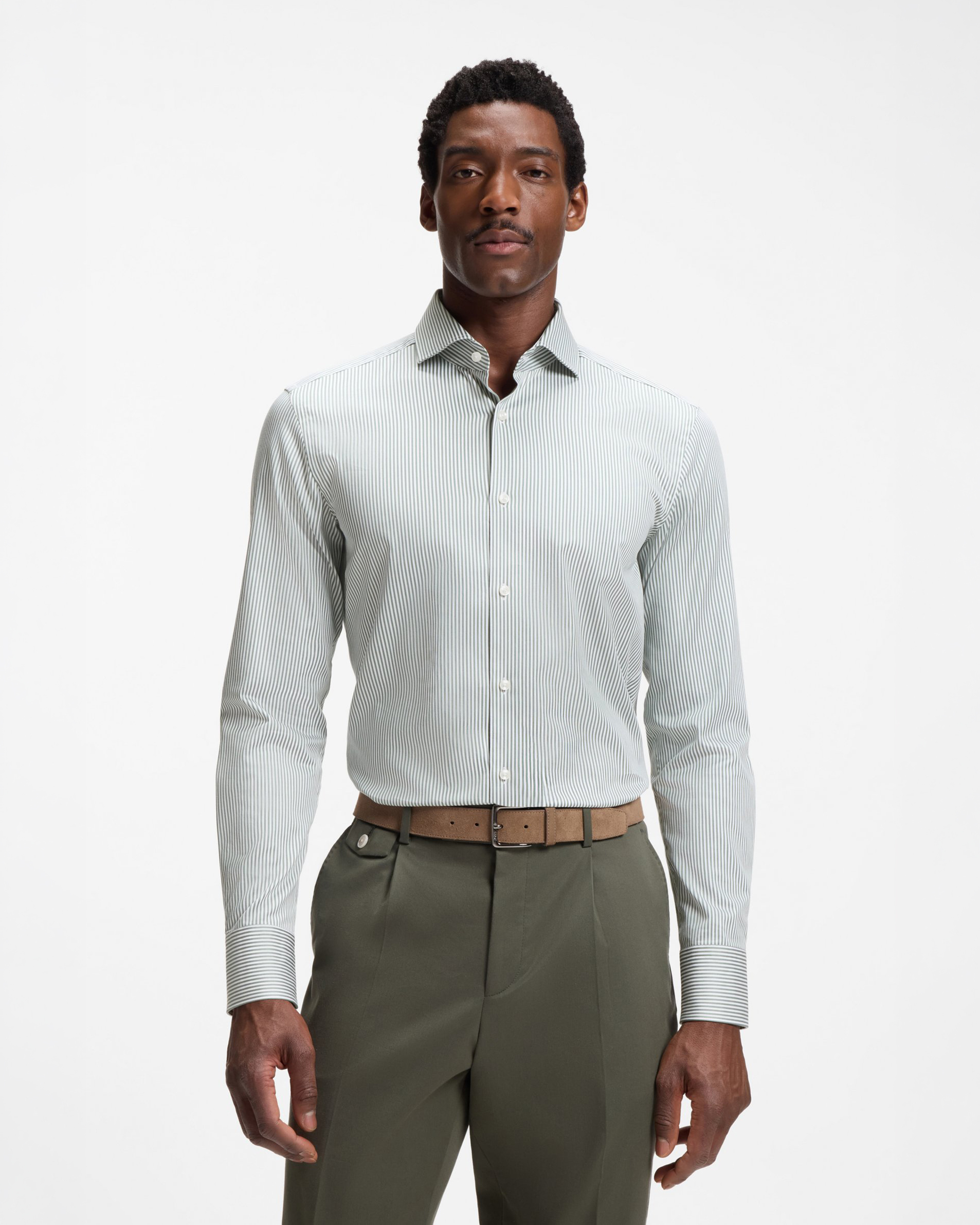 Camicia Boss verde salvia a righe in cotone elasticizzato