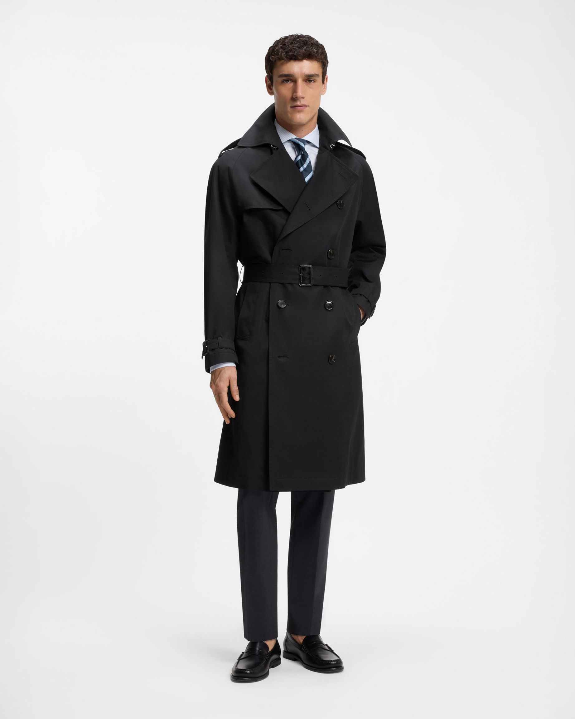 Trench Boss doppiopetto nero in twill di cotone idrorepellente