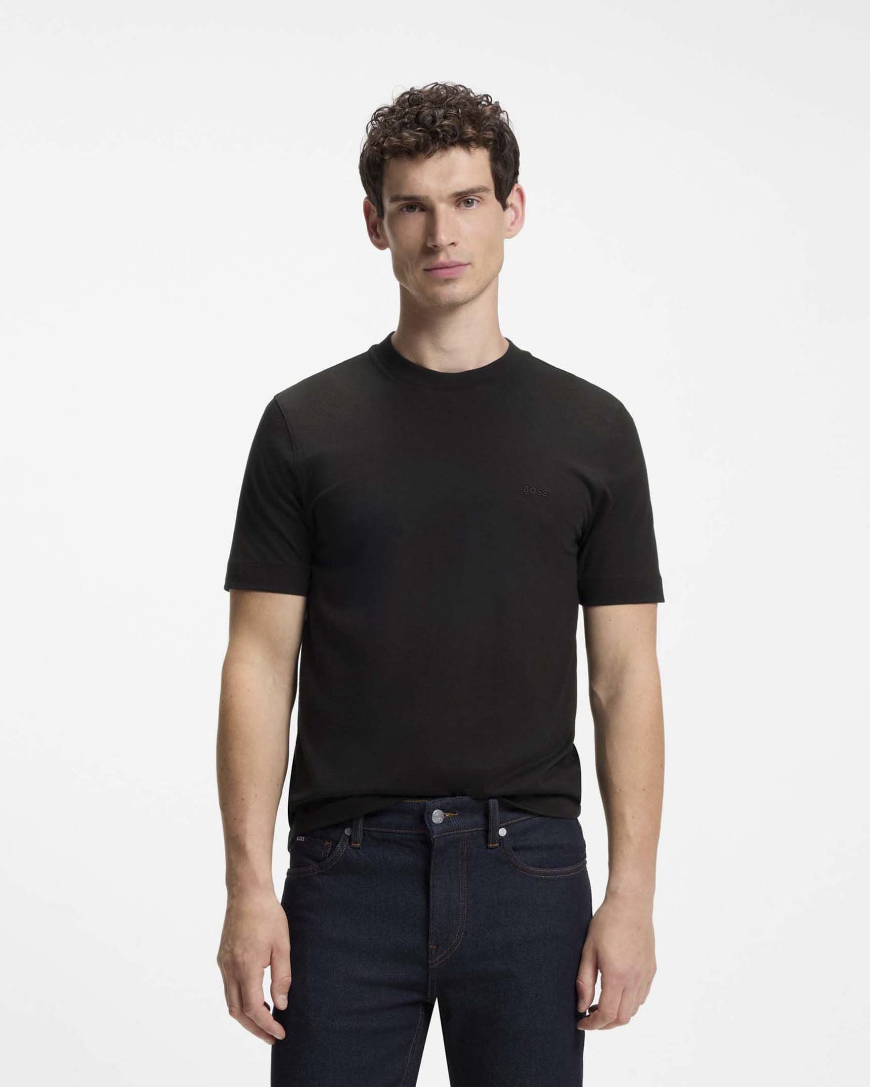 T-shirt Boss nera tinta unita in cotone con logo ricamato in tono image