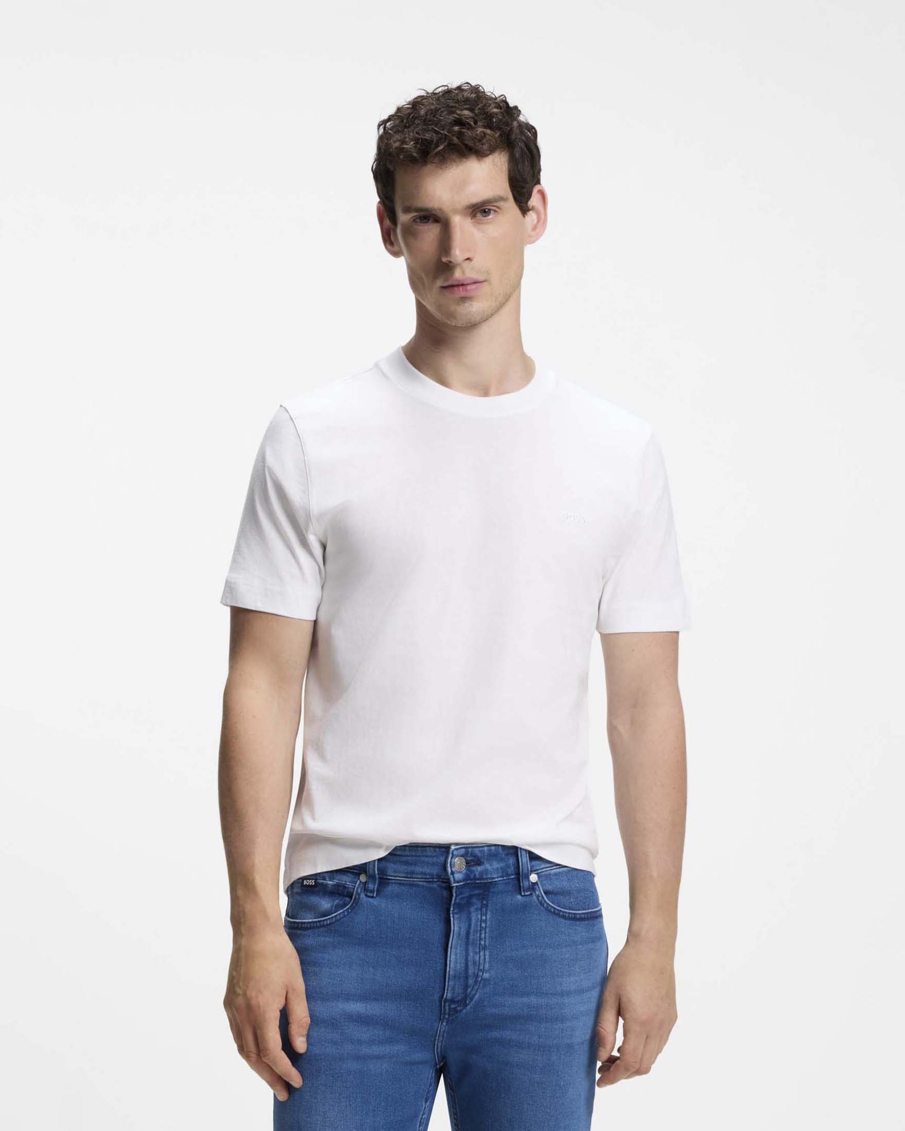 T-shirt Boss bianca tinta unita in cotone con logo ricamato in tono