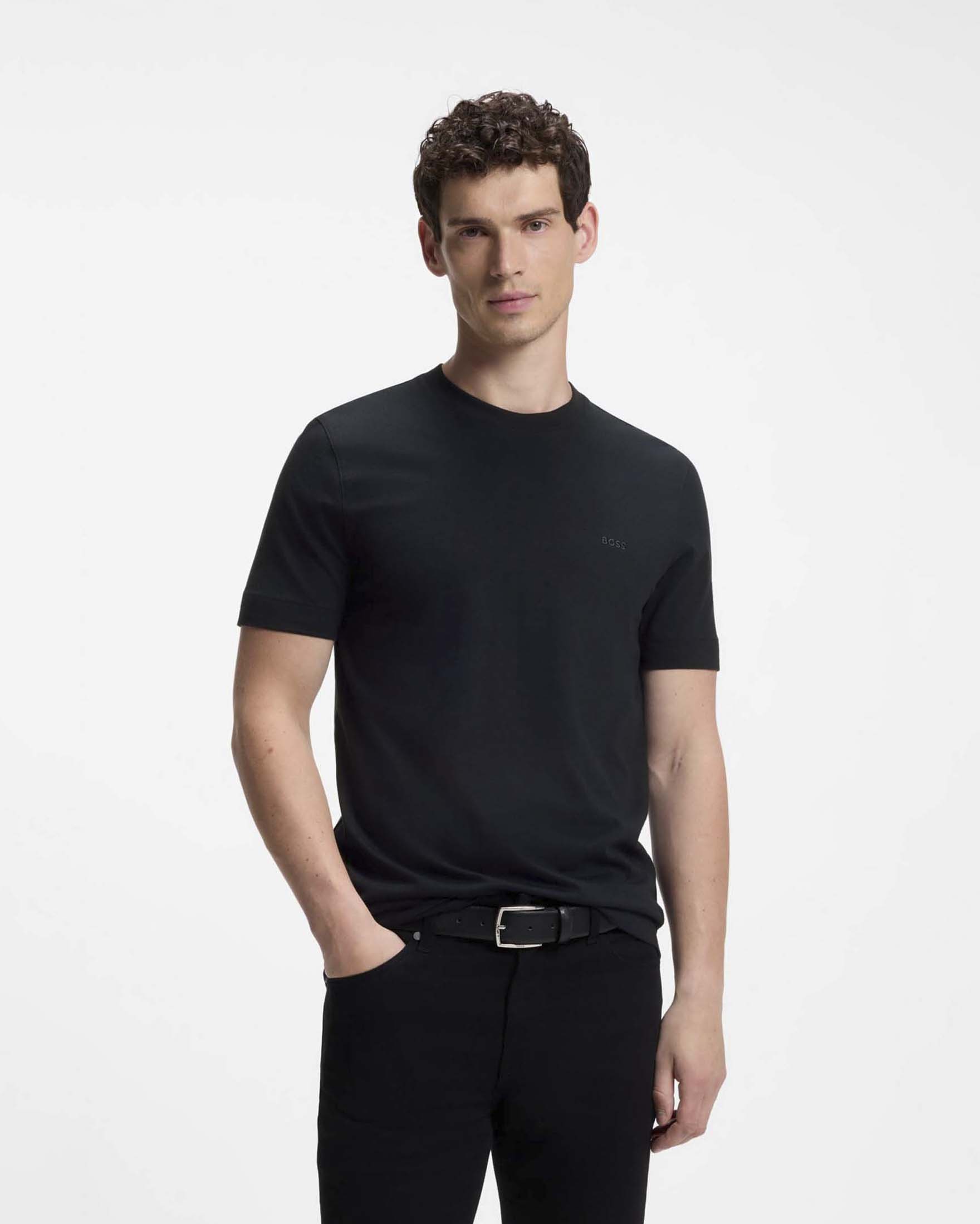 T-shirt Boss blu scuro tinta unita in cotone con logo ricamato in tono image
