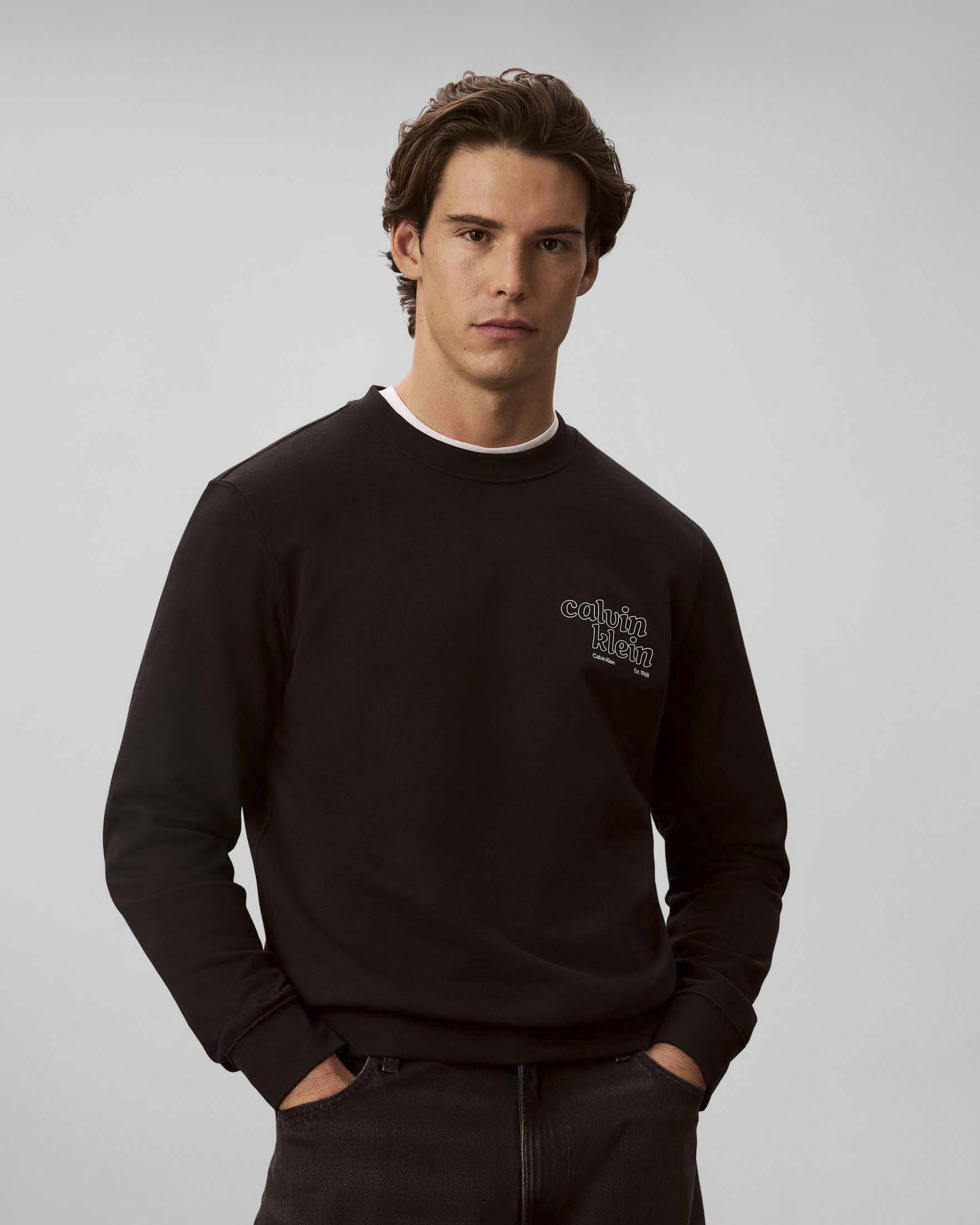 Felpa girocollo Calvin Klein Jeans nera in cotone con stampa logo