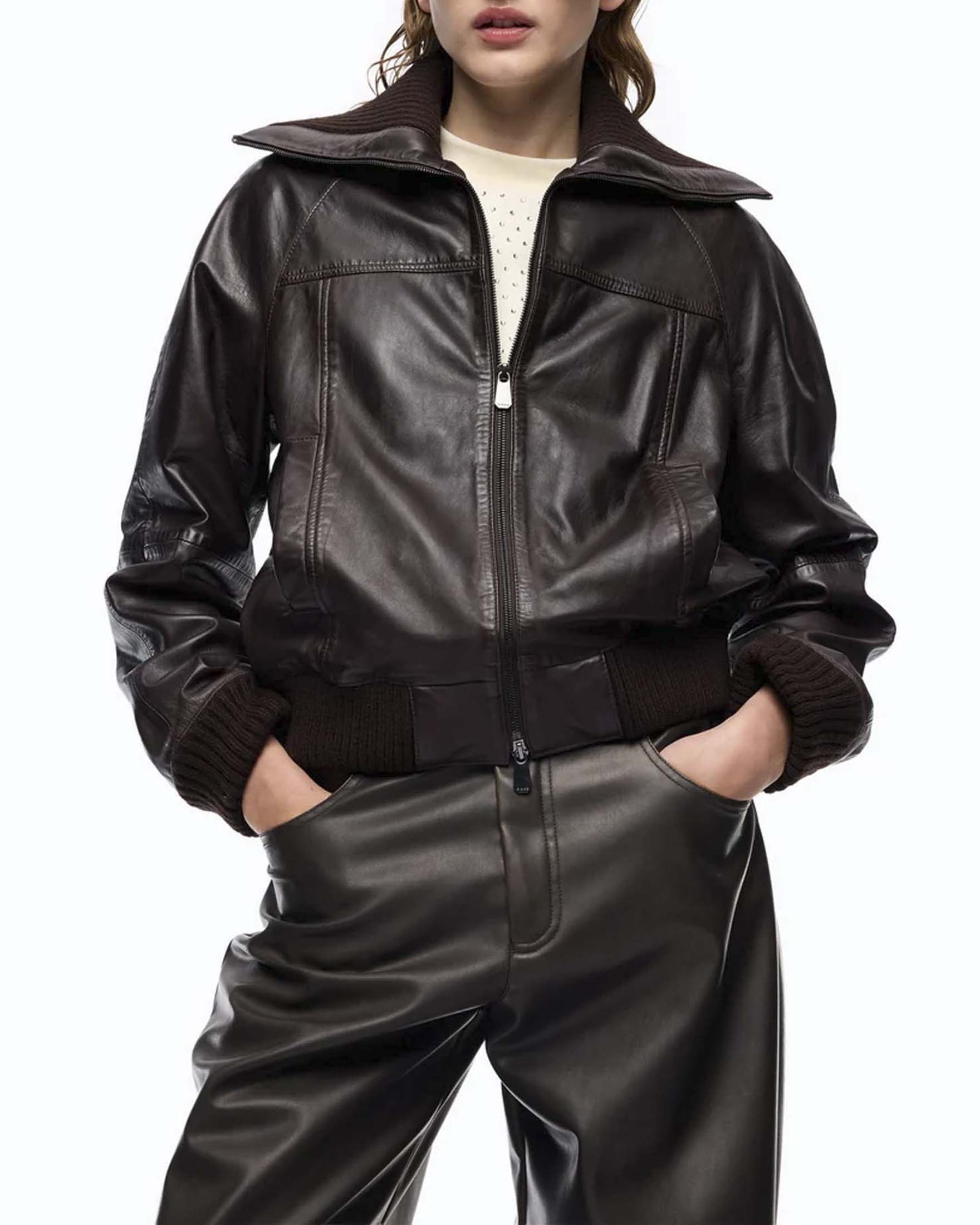 Bomber slim Pinko marrone in pelle lavata effetto vintage con collo risvoltabile e bordi a coste