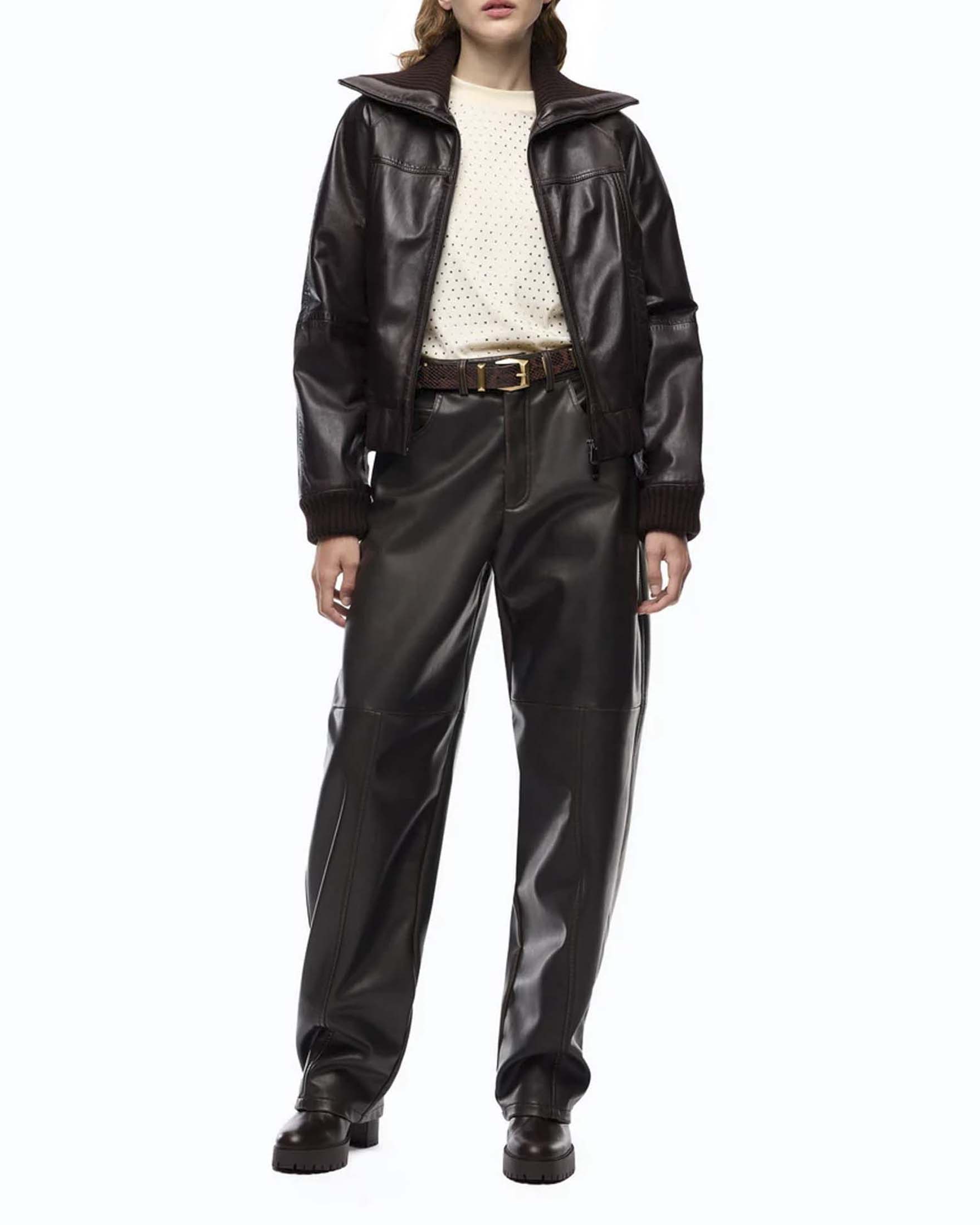 Bomber slim Pinko marrone in pelle lavata effetto vintage con collo risvoltabile e bordi a coste image