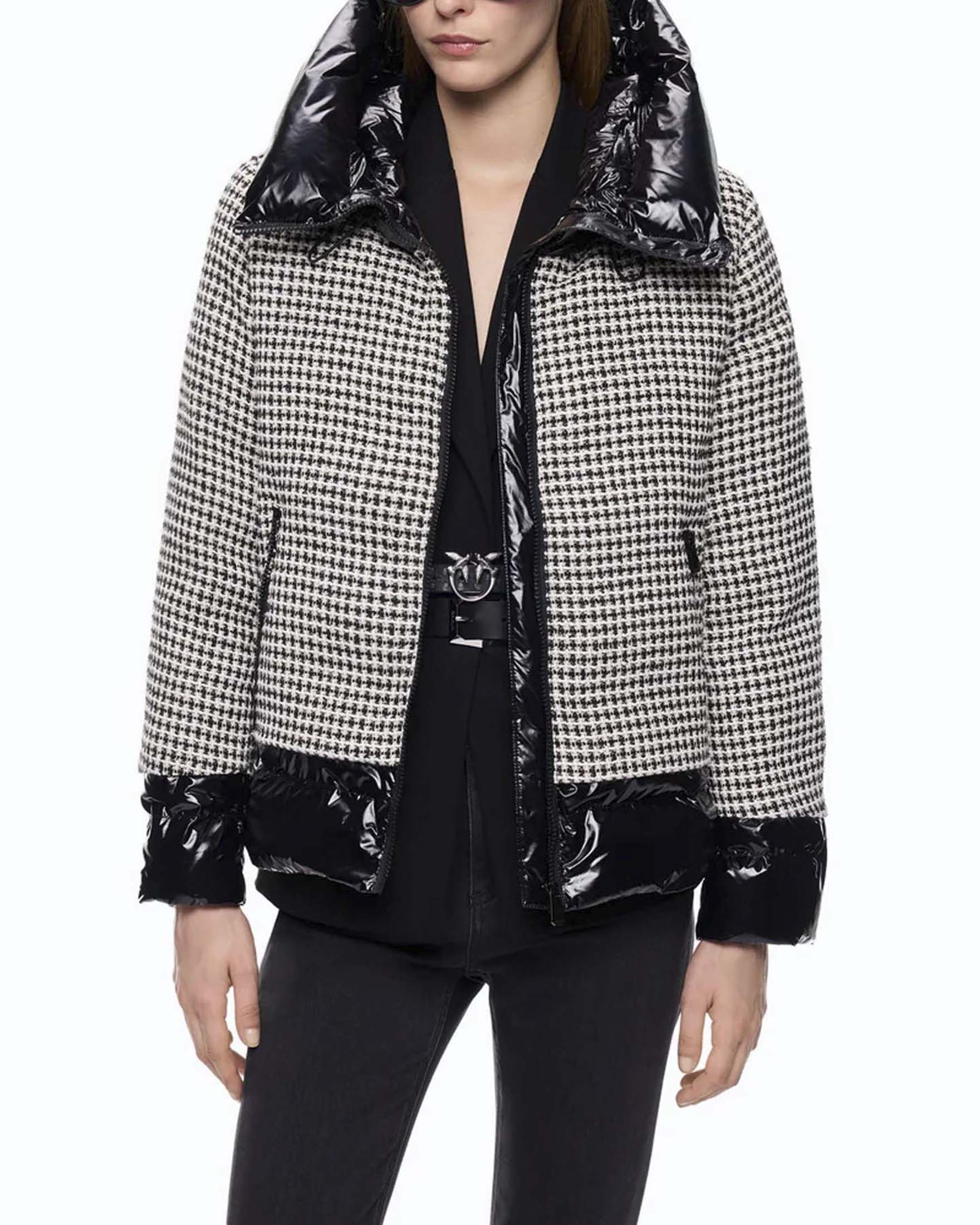 Piumino slim Pinko bianco in tweed Vichy con inserti trapuntati neri