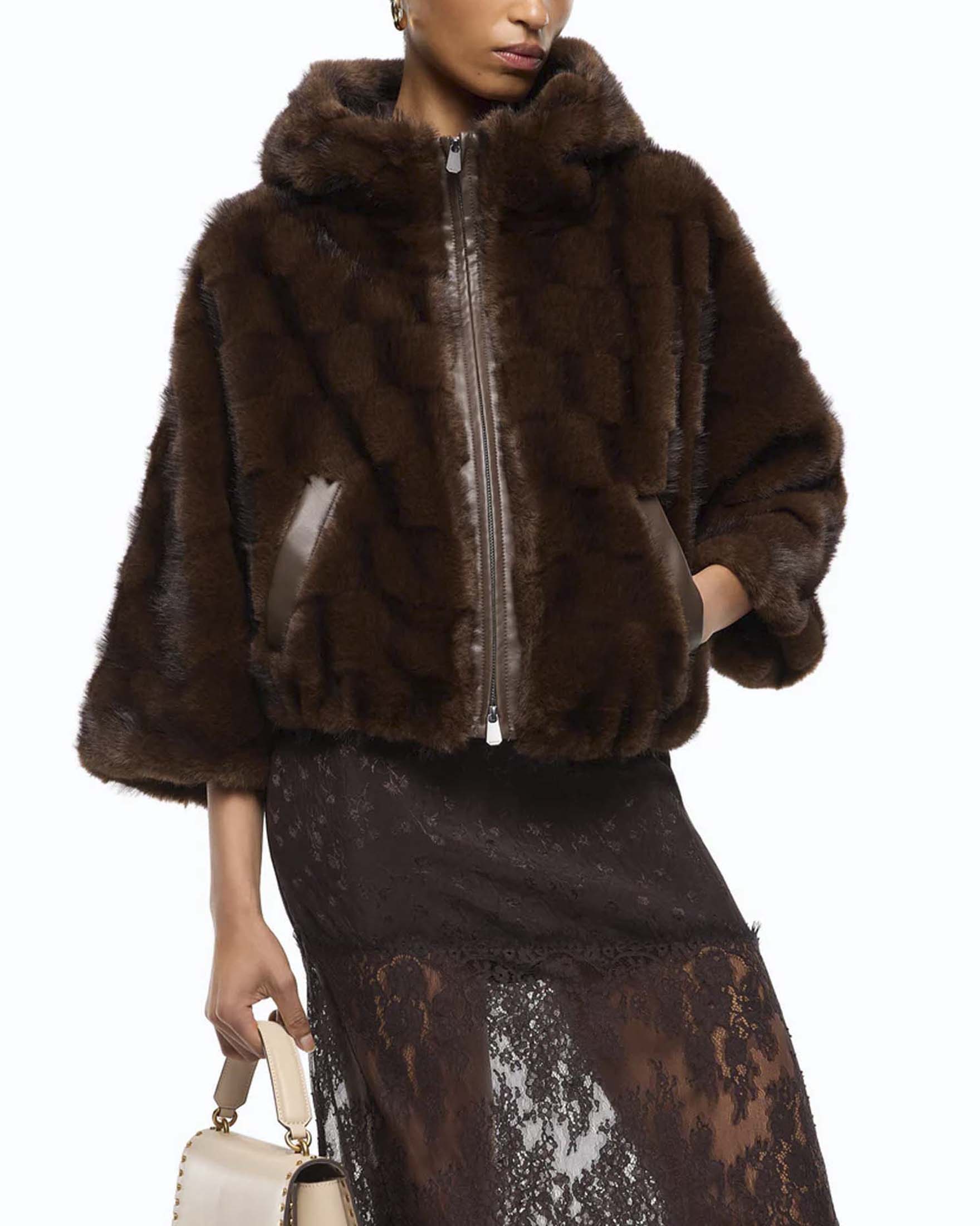 Giacca blouson Pinko marrone effetto ecopelliccia con cappuccio e chiusura frontale zip