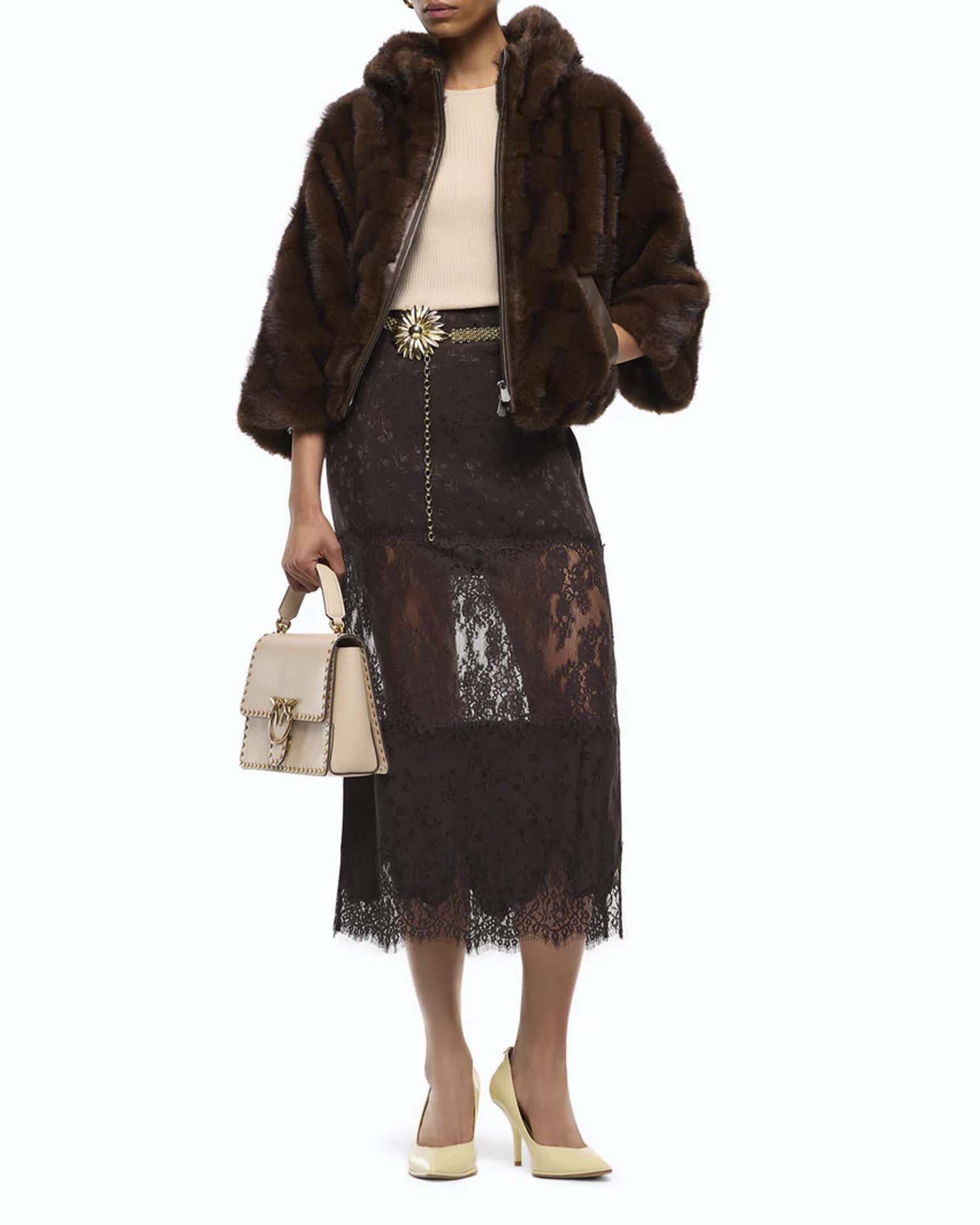 Giacca blouson Pinko marrone effetto ecopelliccia con cappuccio e chiusura frontale zip image