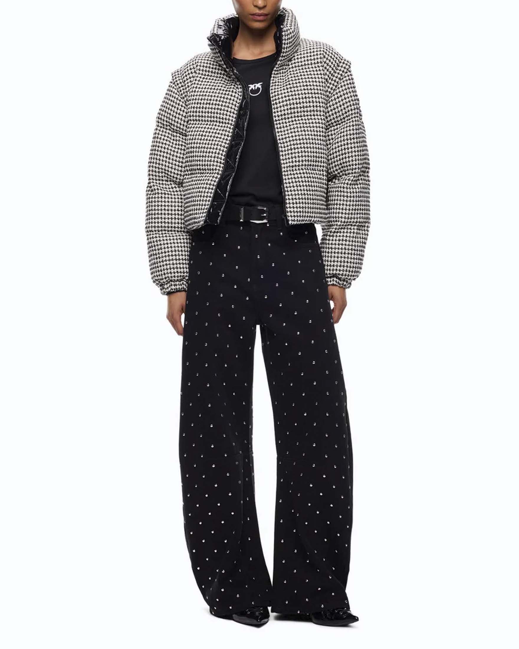 Piumino Pinko in tweed Vichy nero e bianco con maniche removibili image