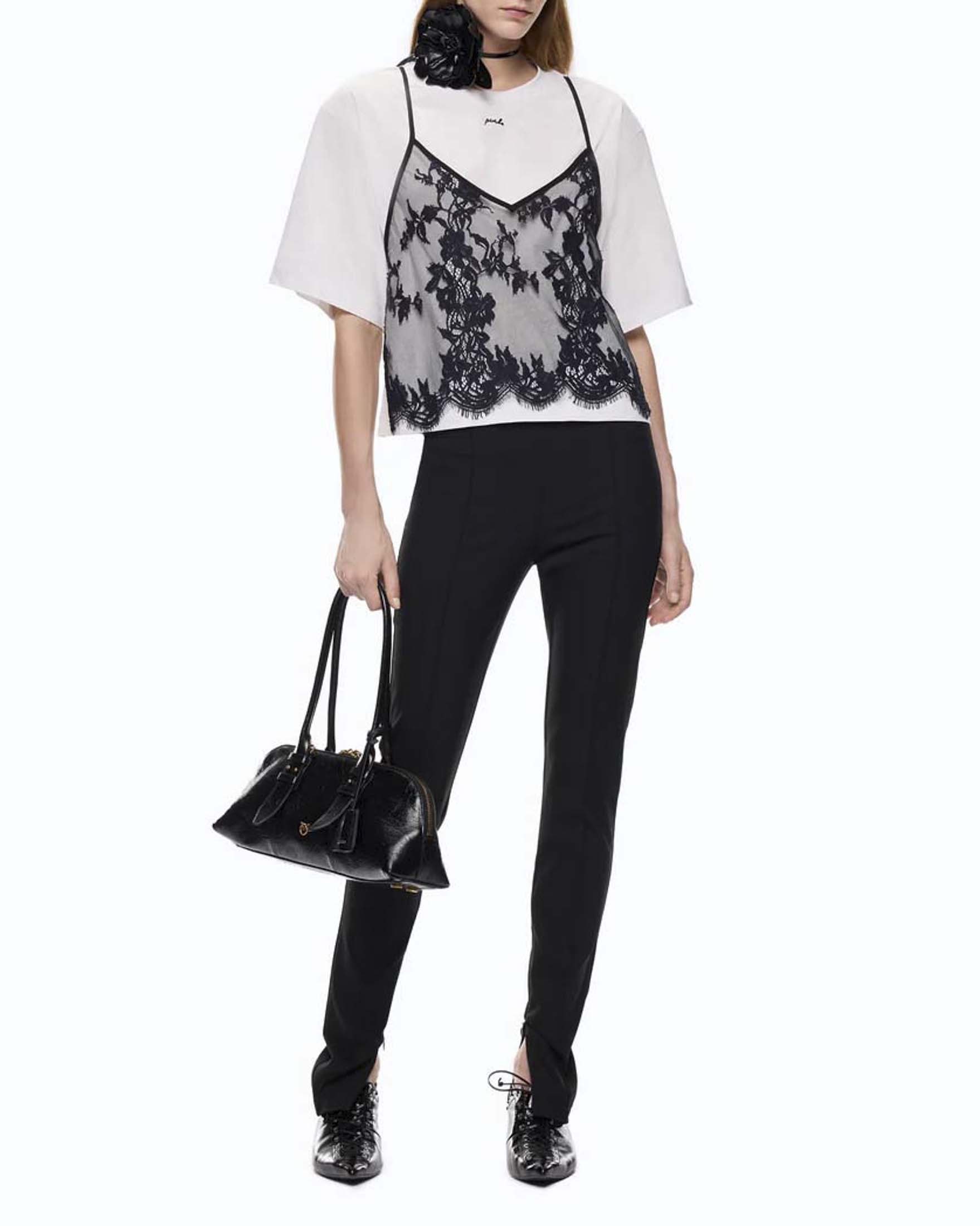 T-shirt Pinko bianca in cotone con top lingerie in pizzo nero image