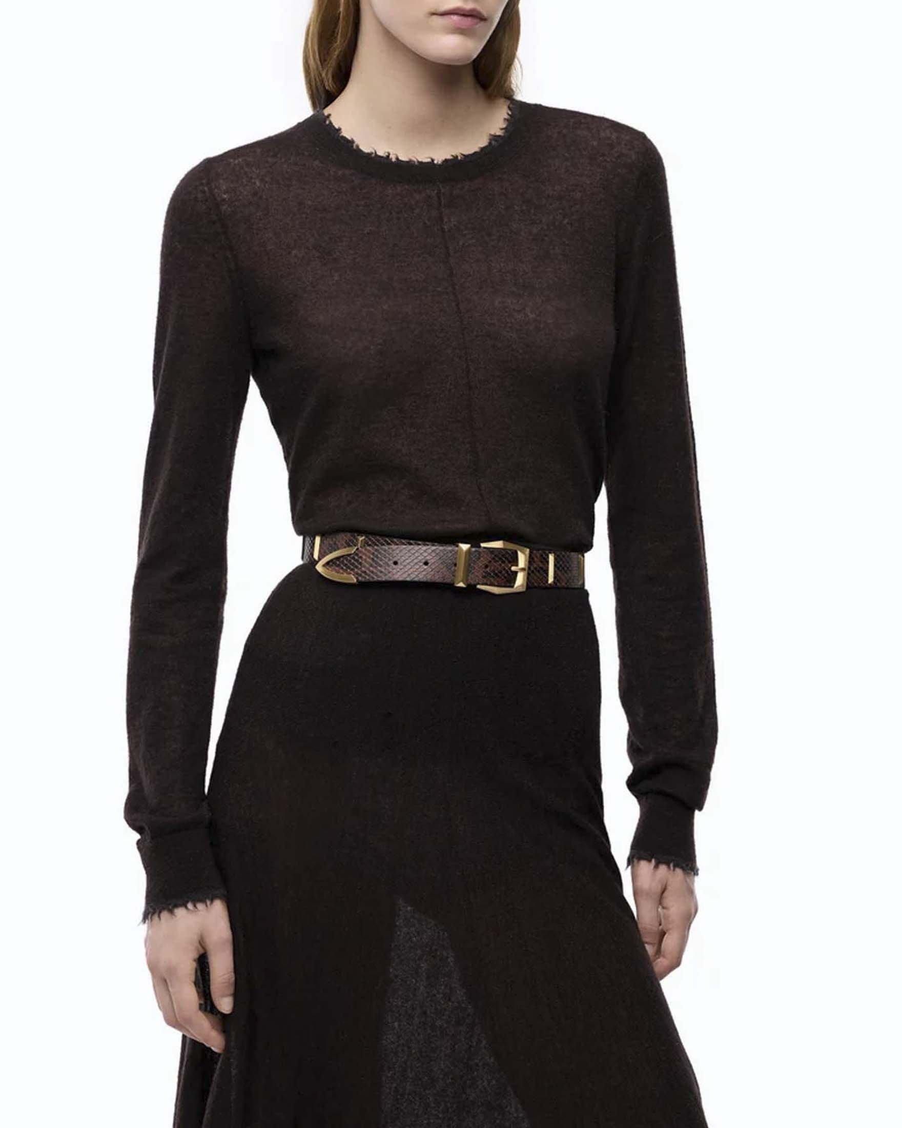 Maglia aderente girocollo Pinko marrone in lana merino e alpaca con dettagli sfrangiati